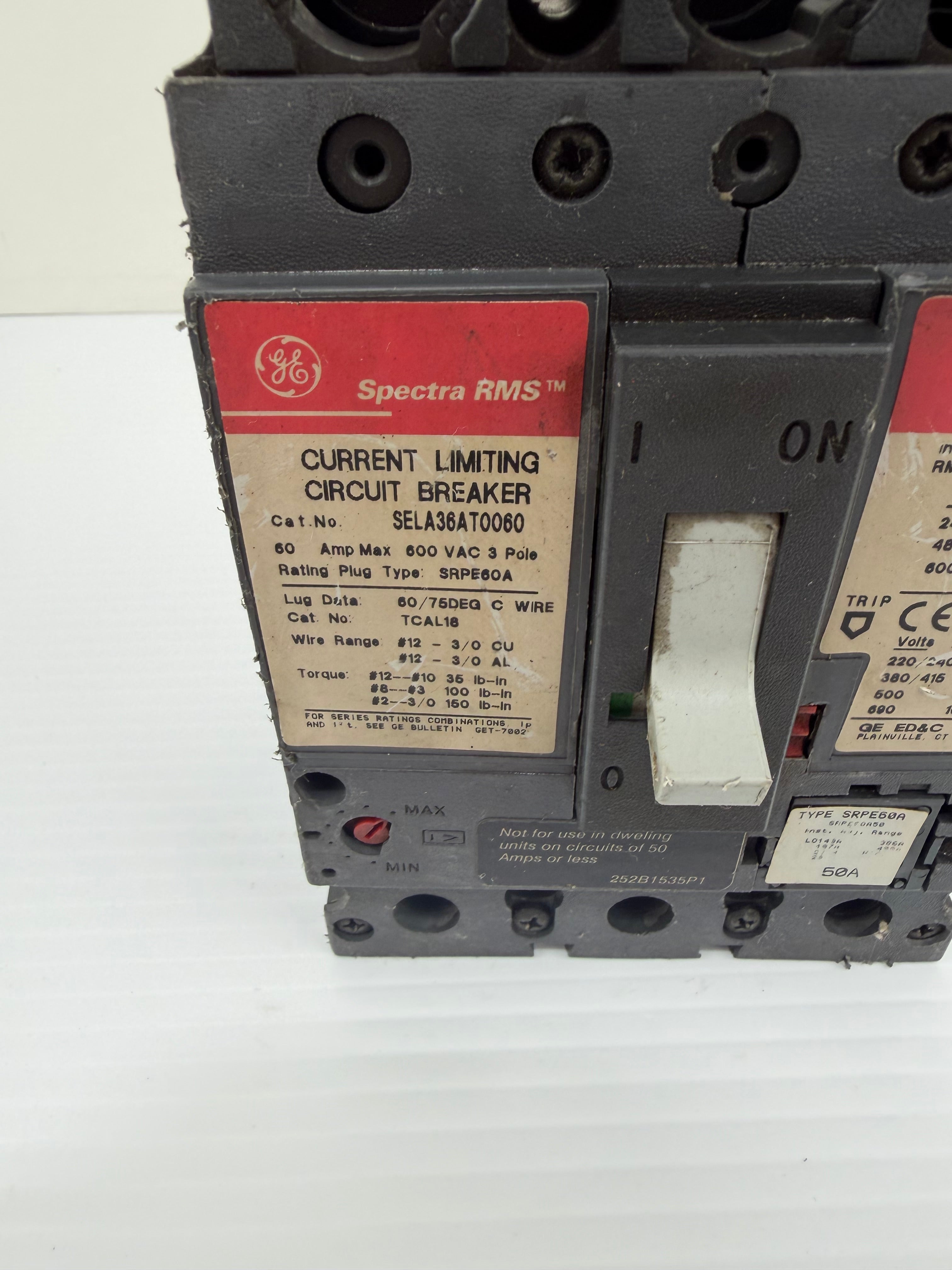 GE Spectra Circuit Breaker SELA36AT0060 60 Amp 600 VAC 3 Pole Used