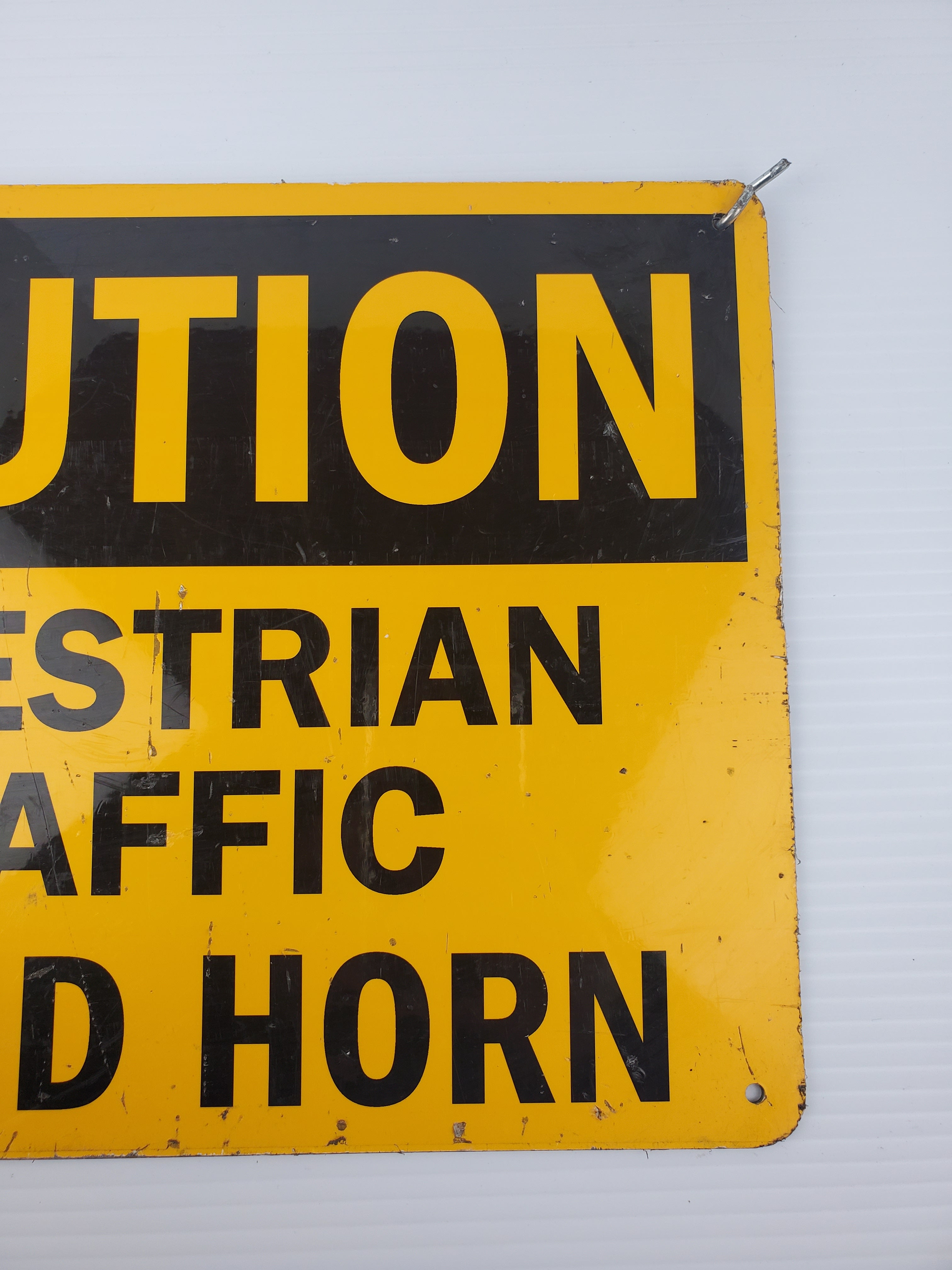 Metal Hanging Sign - CAUTION - PEDESTRIAN TRAFFIC SOUND HORN