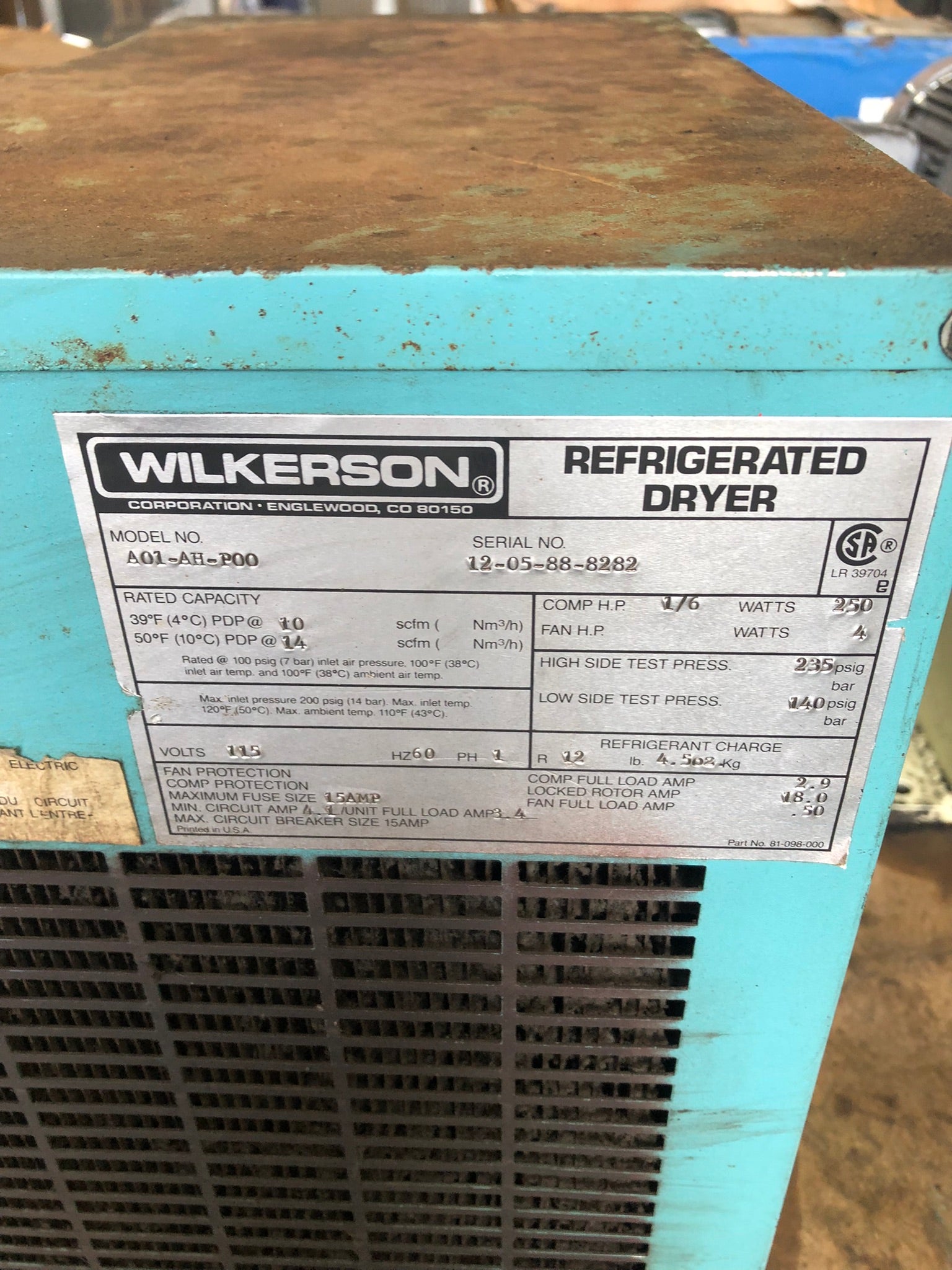 Wilkerson A01-AH-P00 Refrigerated Dryer with SMC Air Filter NAF3000 115V
