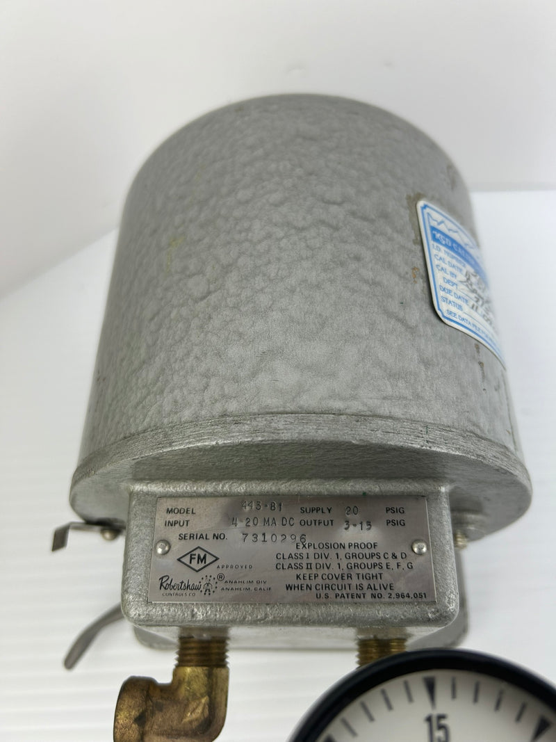 Robertshaw 443-B1 Pneumatic Transducer with US Gauge 12106-1 Angled Valve