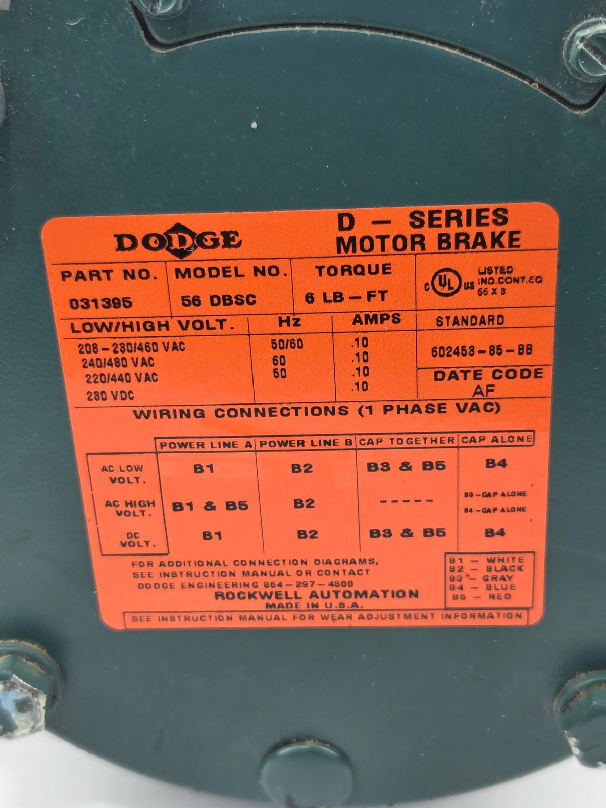 Reliance P56H7213P AC Brake Motor 3/4HP 3PH with Dodge D-Series 031395 56 DBSC