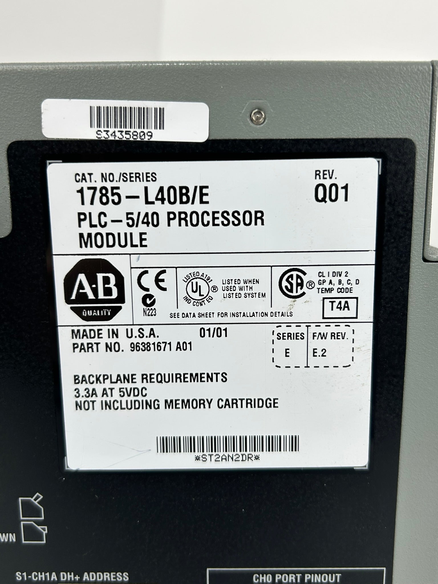 Allen-Bradley 1785-L40B PLC-5/40 Processor Module Ser E Rev Q01 5VDC 3.3A w/ Key