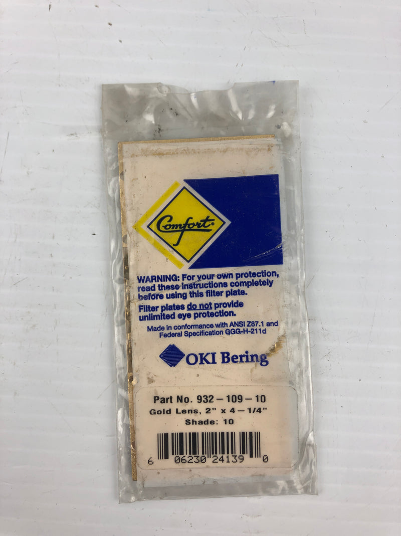 OKI Bering 932-109-10 Gold Welding Lens Filter Plate 2" x 4.25" Shade 10