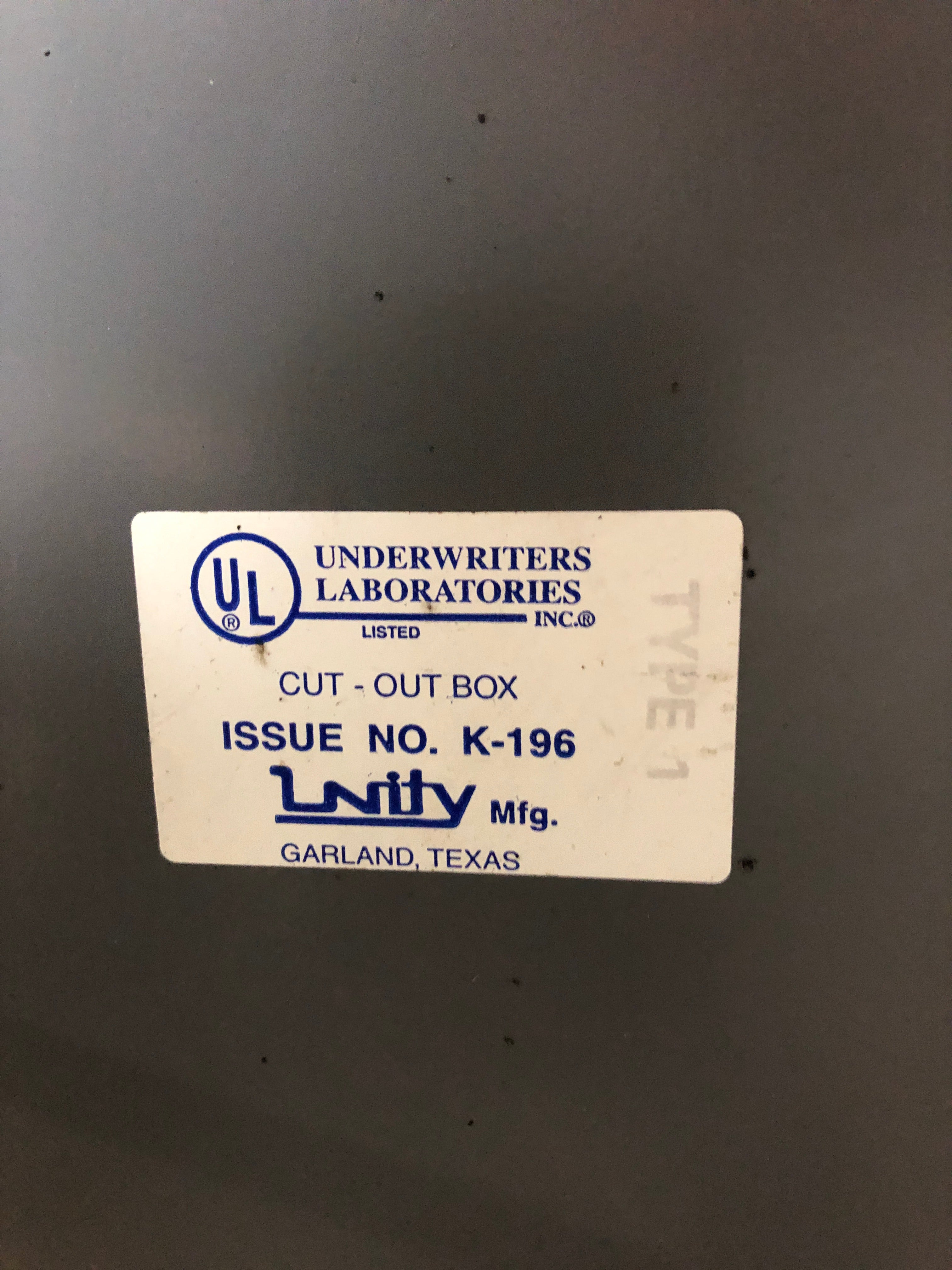 Unity Mfg. UL K-196 Electrical Enclosure Cut-Out Box Steel Gray