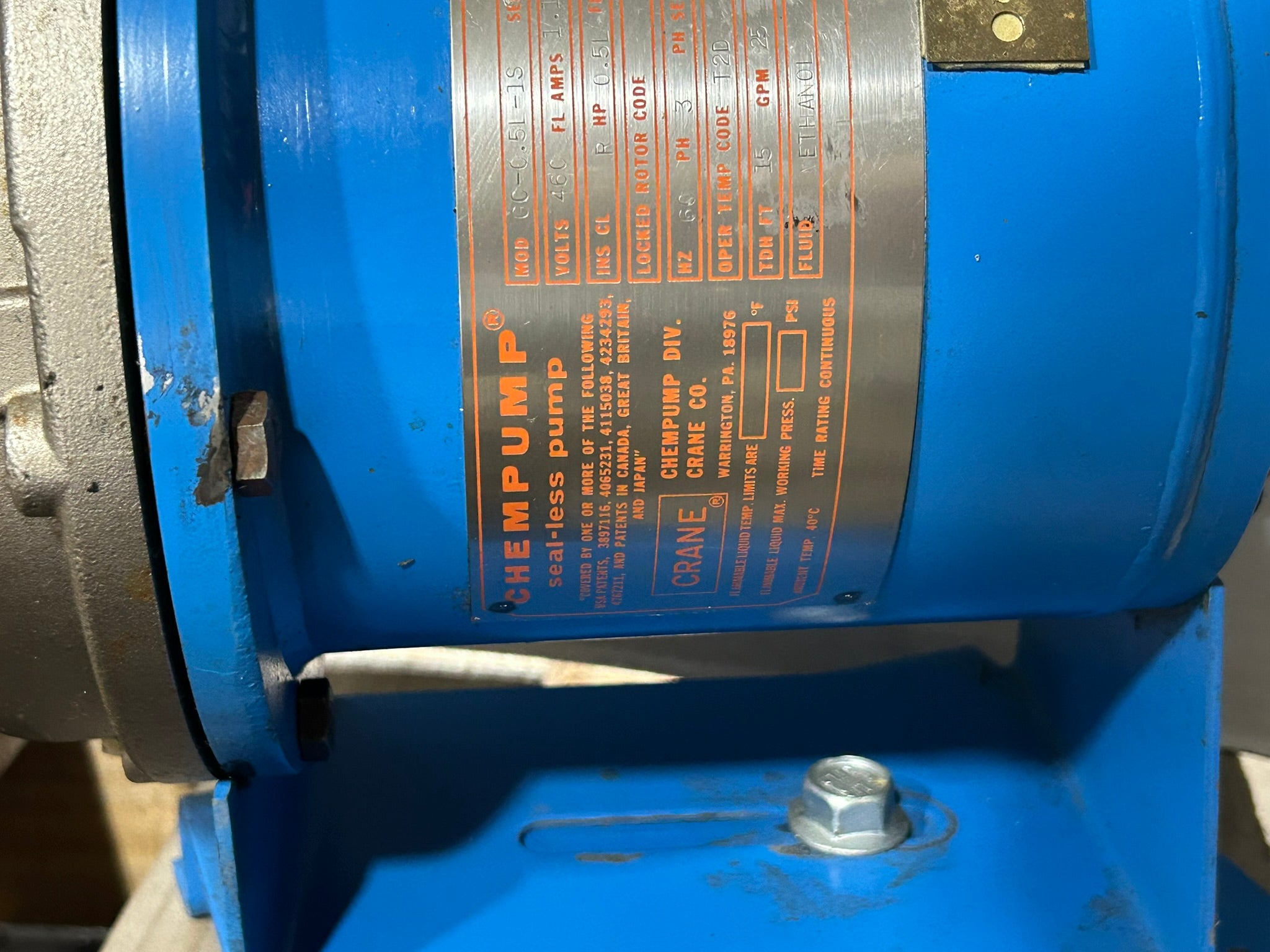 Crane Co. Chempump GC-0.5L-1S Seal-Less Pump 0.5L HP 0.75 FL kW 3PH 1750 RPM