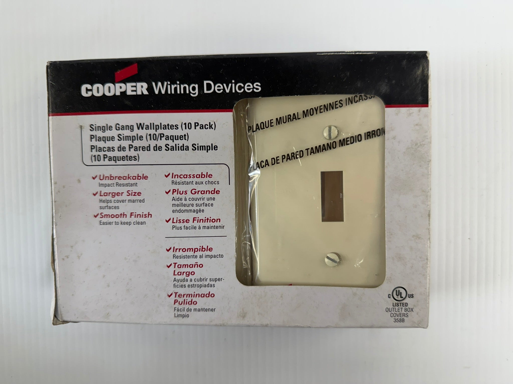 Cooper Wiring Unbreakable Mid-Size Wallplate 1-Gang Wallplate Toggle PJ1A-CP Box of 10 Lot of 5
