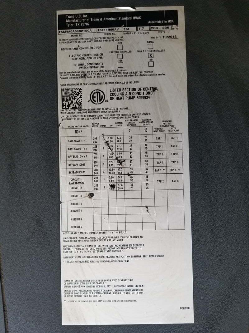 Trane TAM4A0A30S21SCA Modular Air Handler