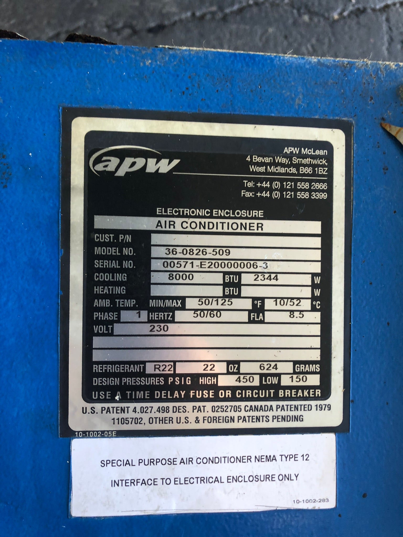 APW 36-0826-509 Electronic Air Conditioner 8000 BTU 2344W 1 Phase 230V