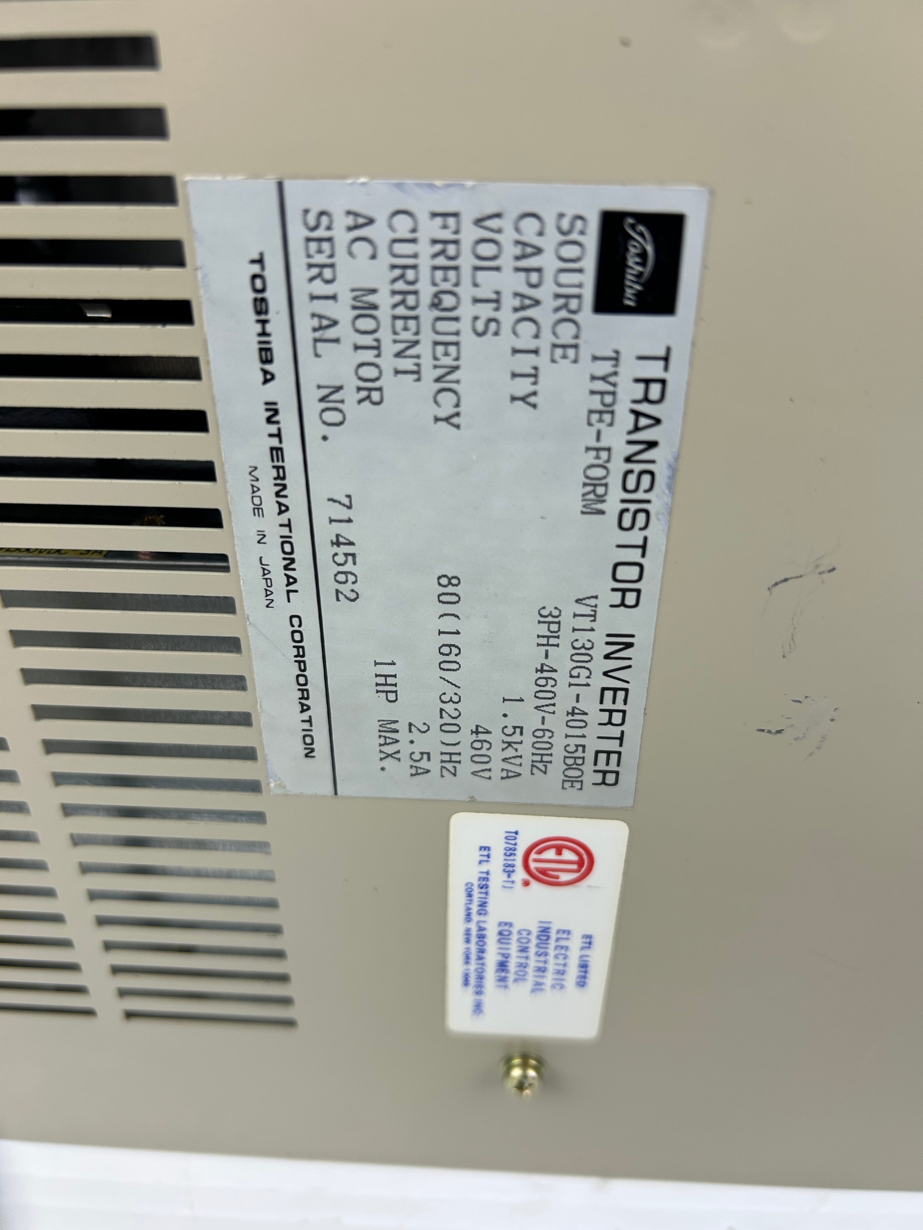 Toshiba VT130G1-4015B0E Transistor Inverter ESP-130 1HP 1.5kVA 460V 2.5A 3PH