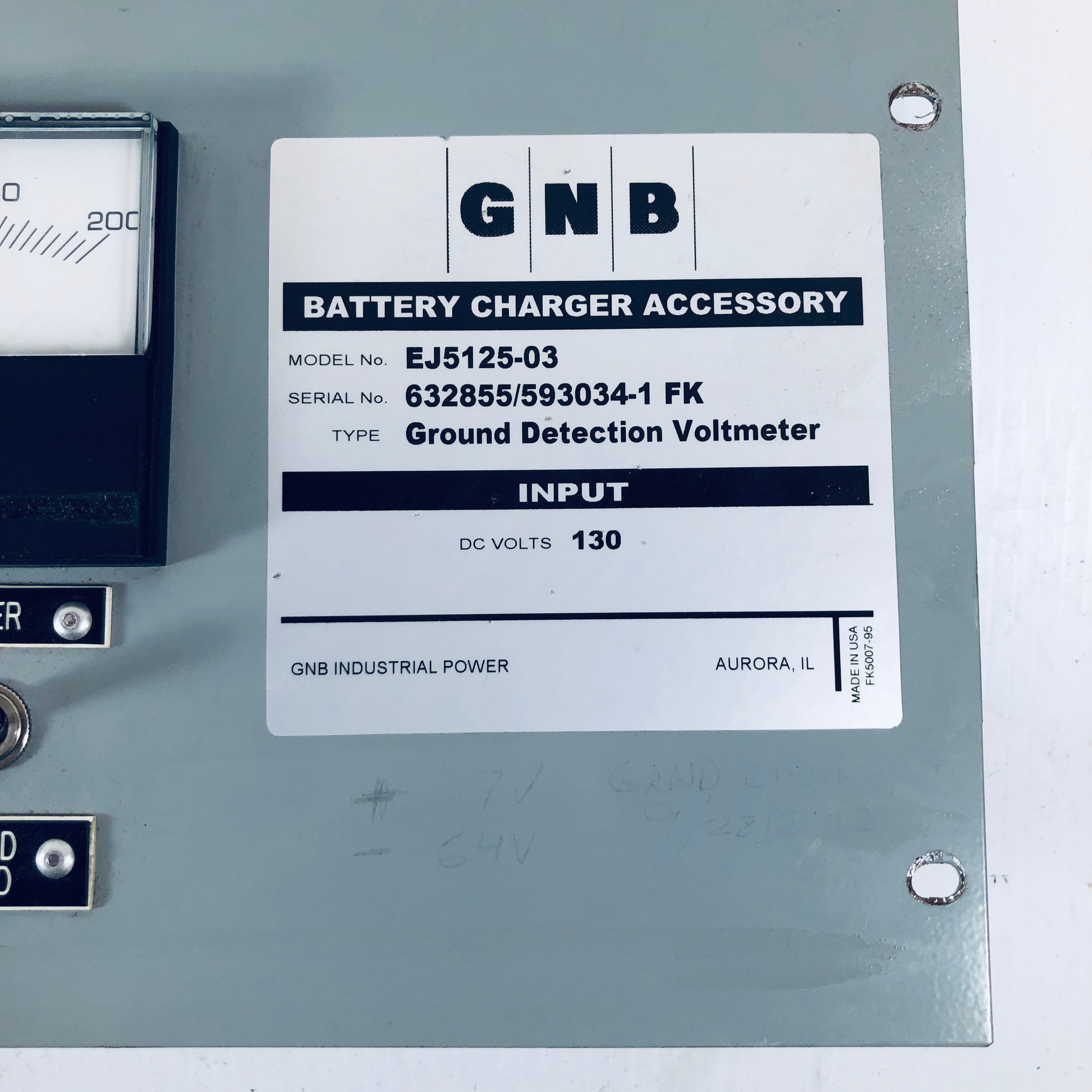 Yokogawa 260320RLRL9JBS DC Volts Meter on GNB Battery Charger Accessory Door