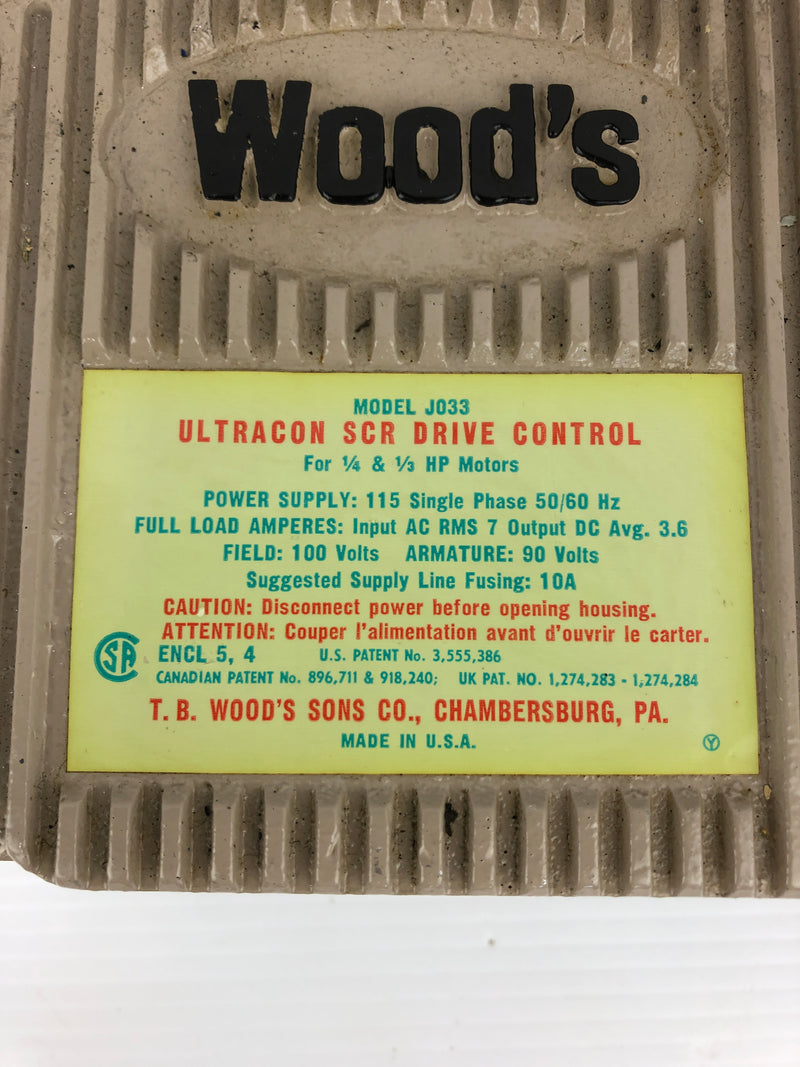 T.B. Wood's J033 Ultracon SRC Drive Control For: 1/4 & 1/3HP Motors 100V 10A 1PH