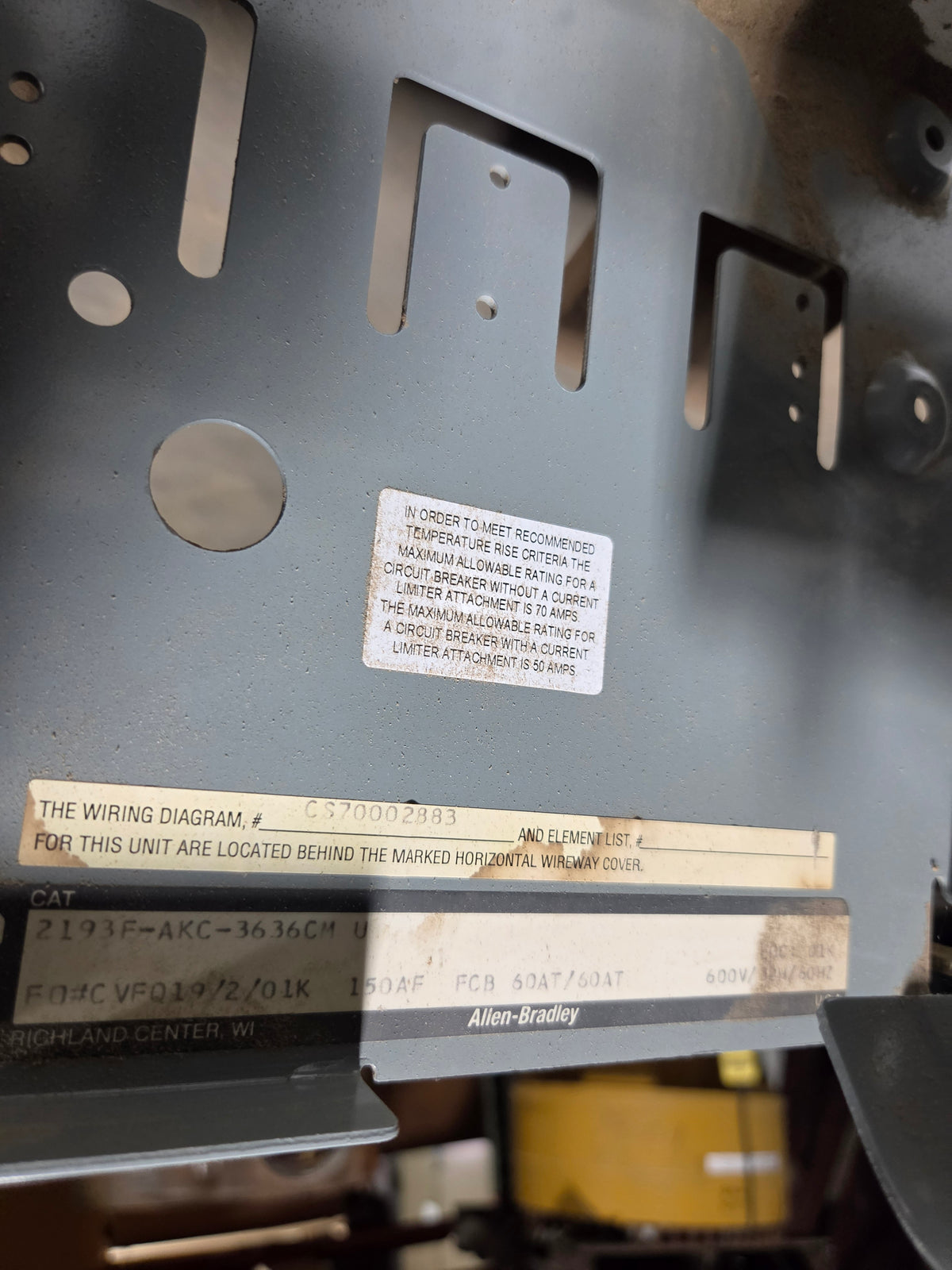 Allen Bradley 2193F-AKC MCC Bucket 60A Dual Breaker 2193F-AKC-3636CM - No Door
