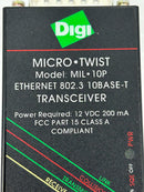 Digi MIL-10P Micro Twist Ethernet Transceiver 802.3 10BASE-T Class A 12VDC 200mA