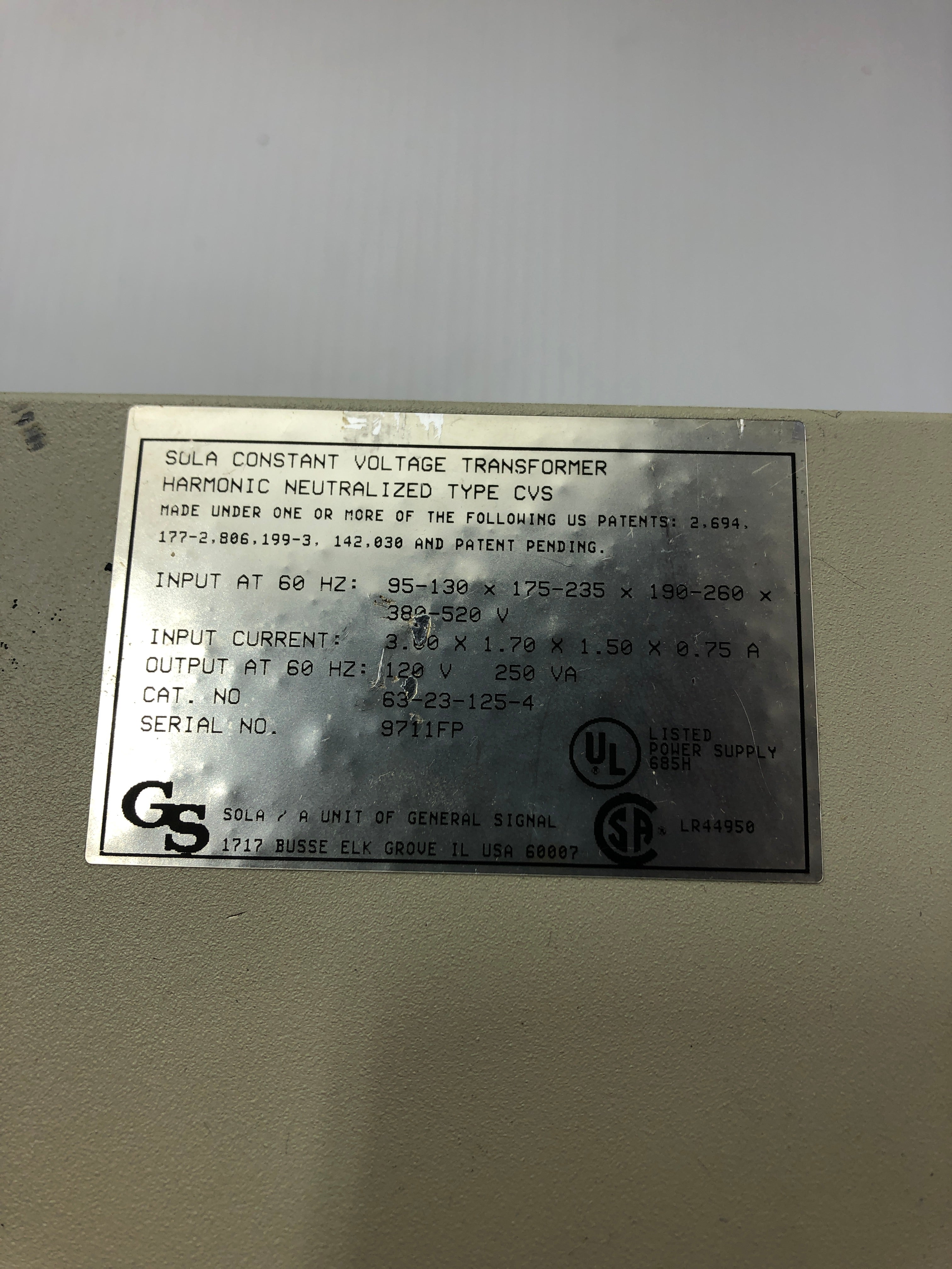 Sola Electric 63-23-125-4 Constant Voltage Transformer 380-520V 3A 60Hz