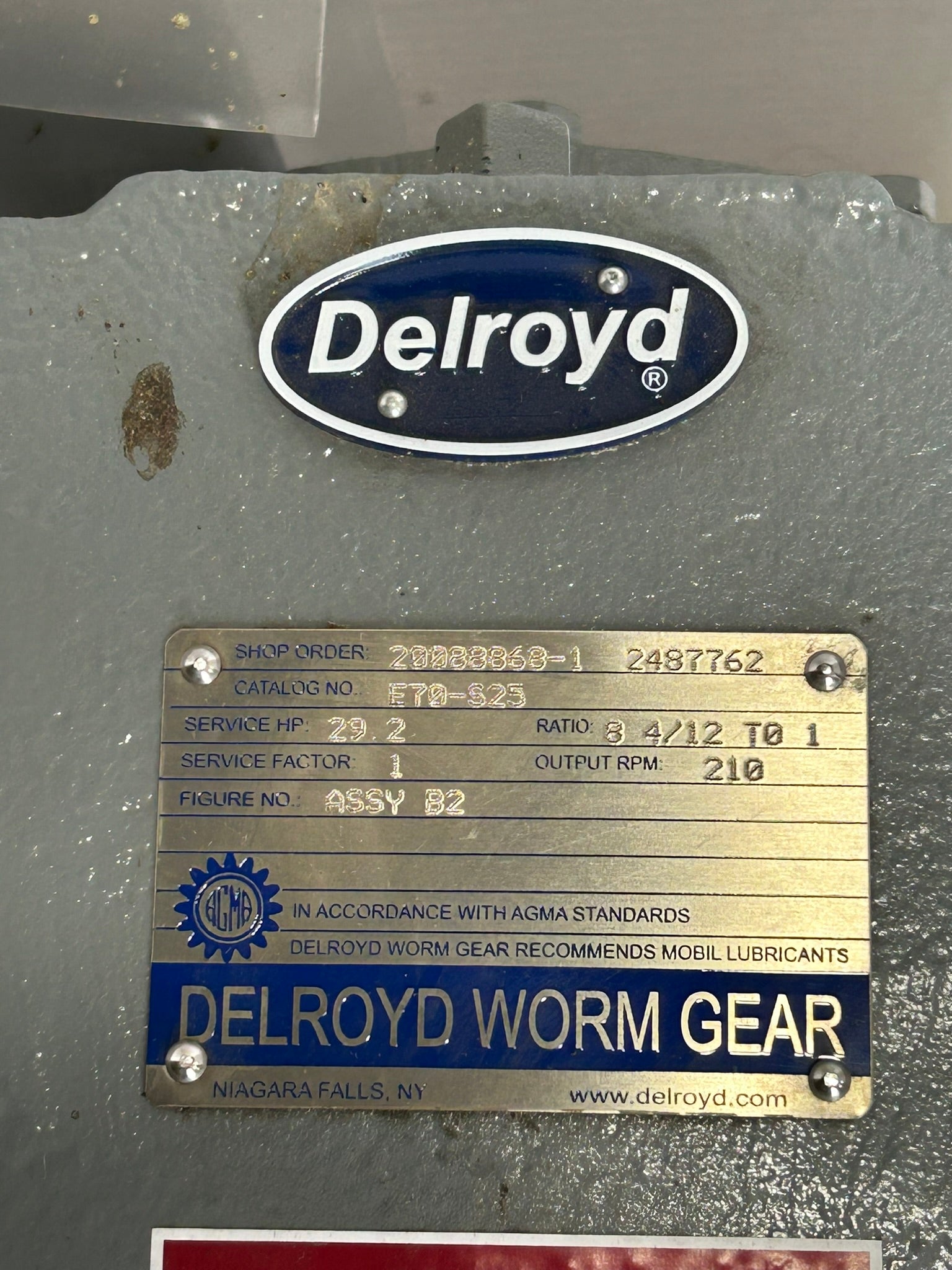 Delroyd E70-S25 Worm Gear Speed Reducer 29.2 HP 8 4/12 to 1 Ratio 1 SF 210 RPM