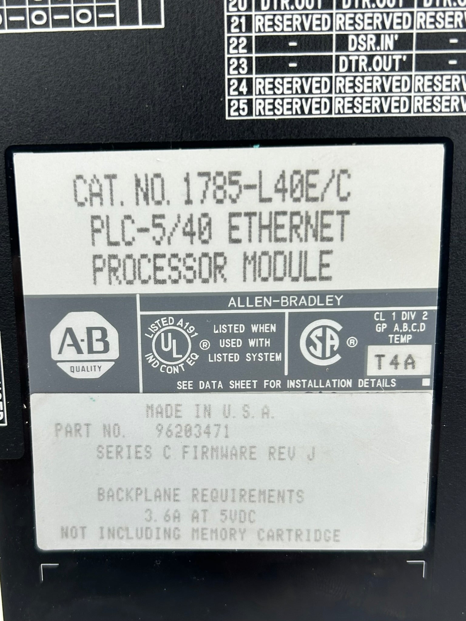 Allen-Bradley 1785-L40E/C Ethernet Processor Module PLC-5/40 Rev J 5VDC 3.6A