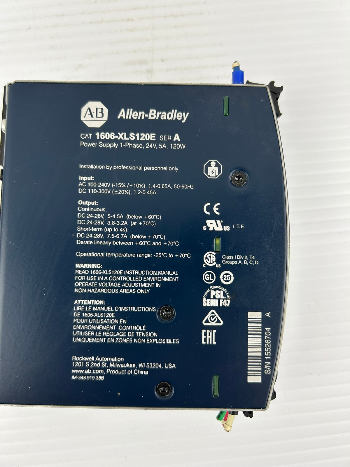 Allen Bradley 1606-XLS Power Supply 1606-XLS120E Series A 1PH 24V 5A 120W