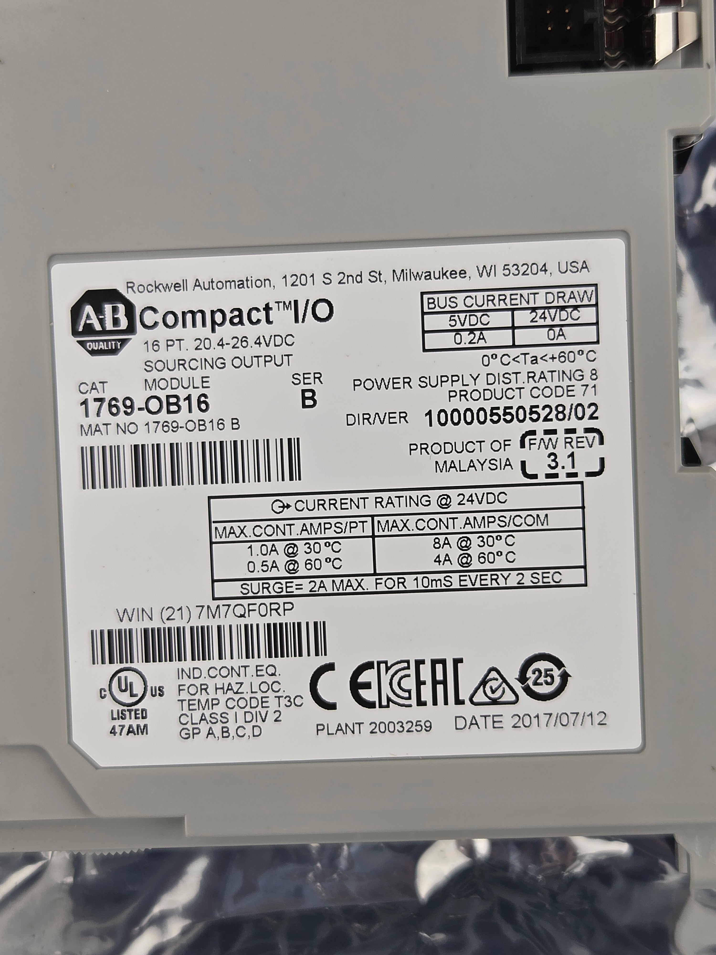 Allen-Bradley 1769-OB16 Compact I/O DC Output 16 Pt 24VDC PLC Module Ser B 3.1FW