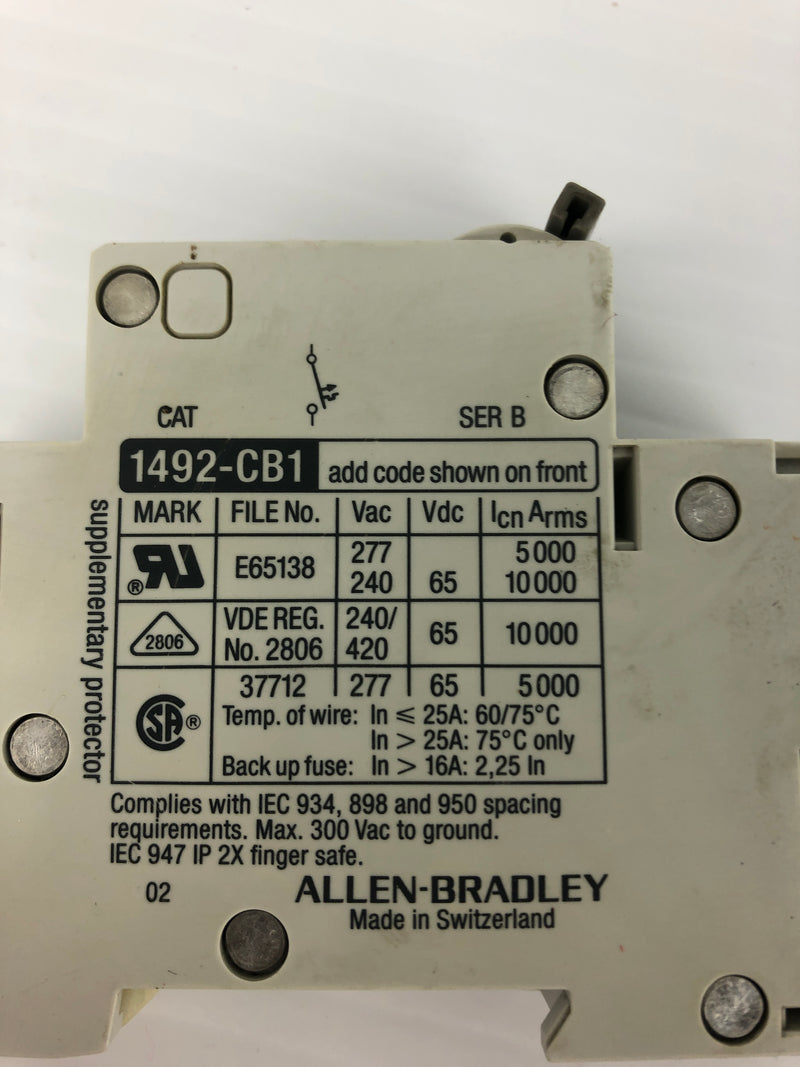 Allen Bradley G150 Circuit Breaker 1492-CB1 Ser. B 15A 1P