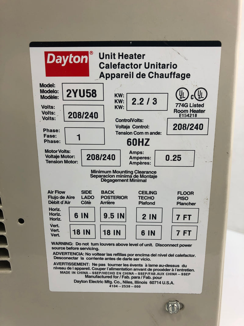 Dayton 2YU58 Unit Heater 208/240V 2.2/3KW 0.25A 1PH 60Hz