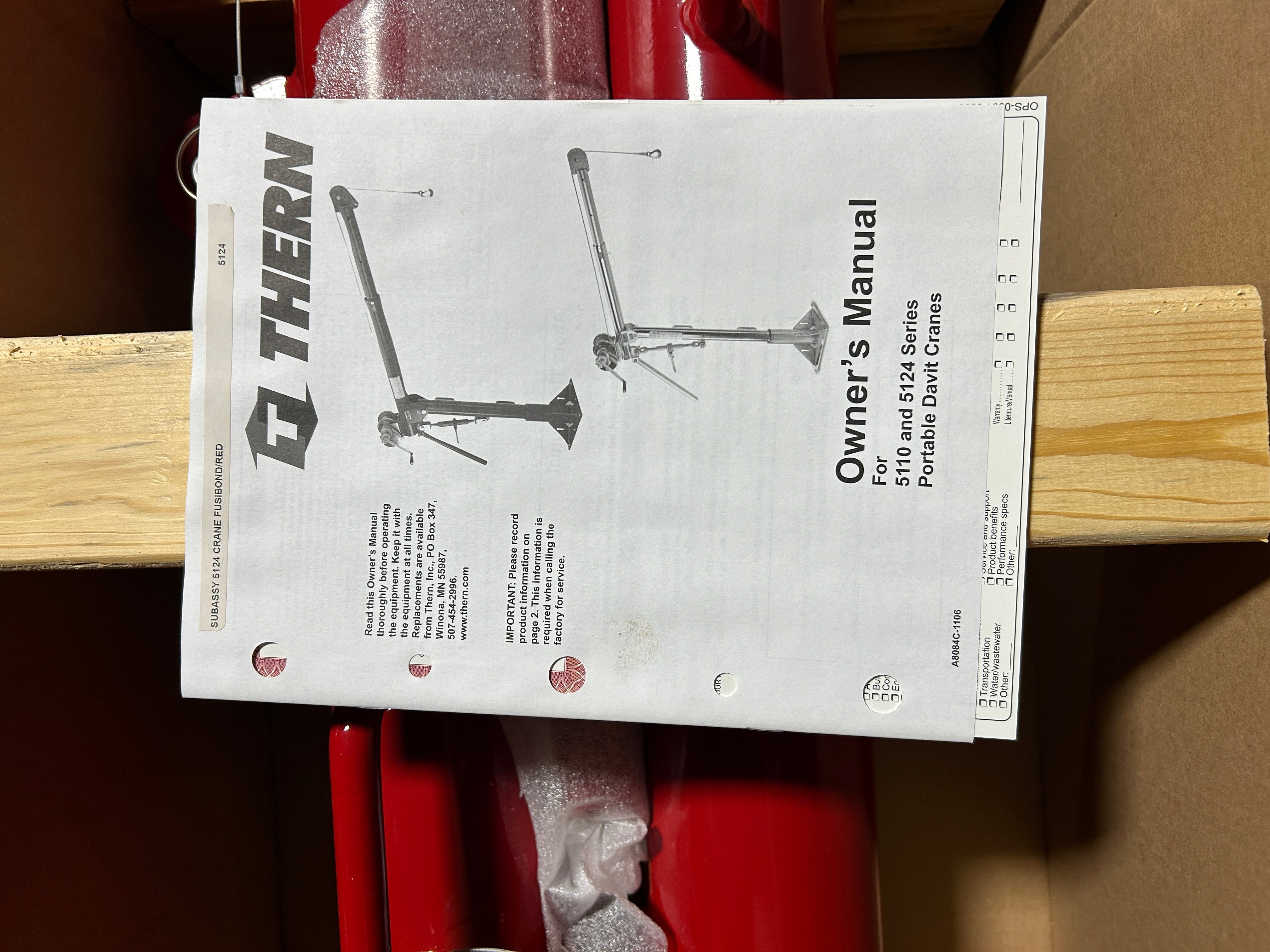 Thern 5124 Portable Davit Crane Boom Fusibond Sub Assembly Red