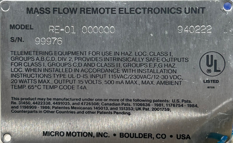 Micro Motion DS150S141 Mass Flow Sensor 1500PSIG With RE-01 Remote Unit UL-D-IS