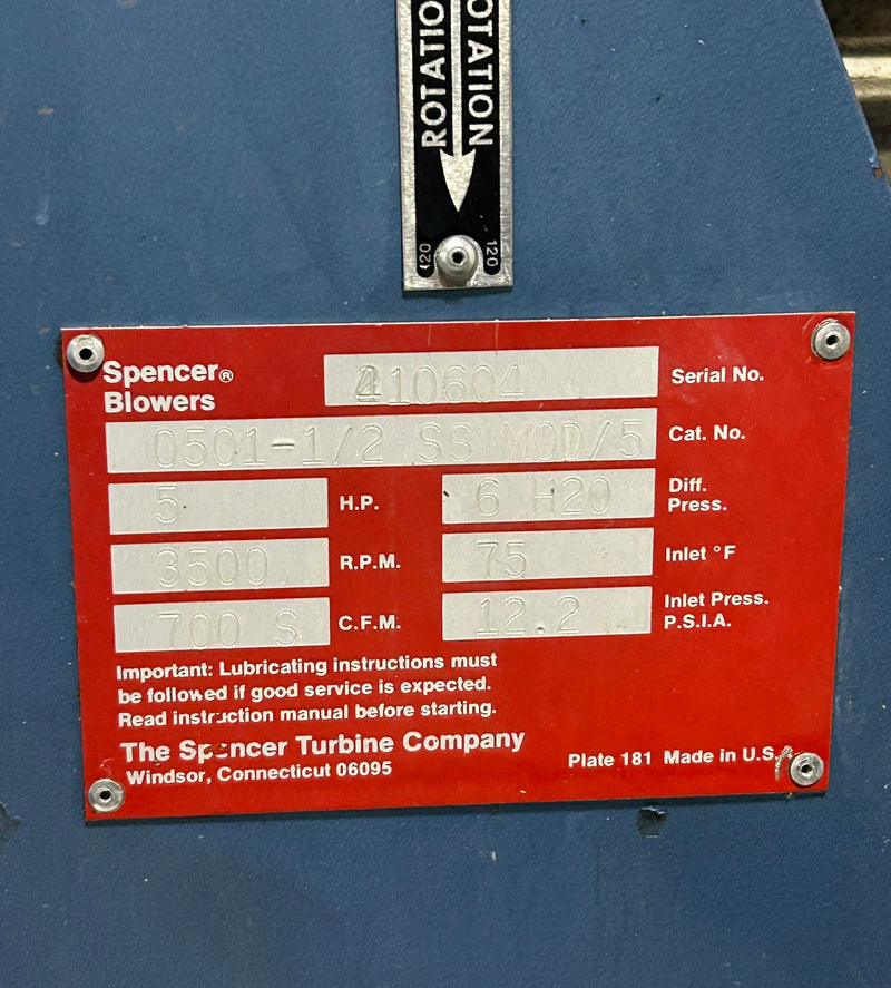 Spencer Blowers 410604 Centrifugal Blower w/ General Electric 5KS184SN108A Motor