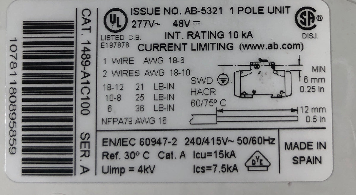 Allen-Bradley 1489-A1C100 Circuit Breaker Series A