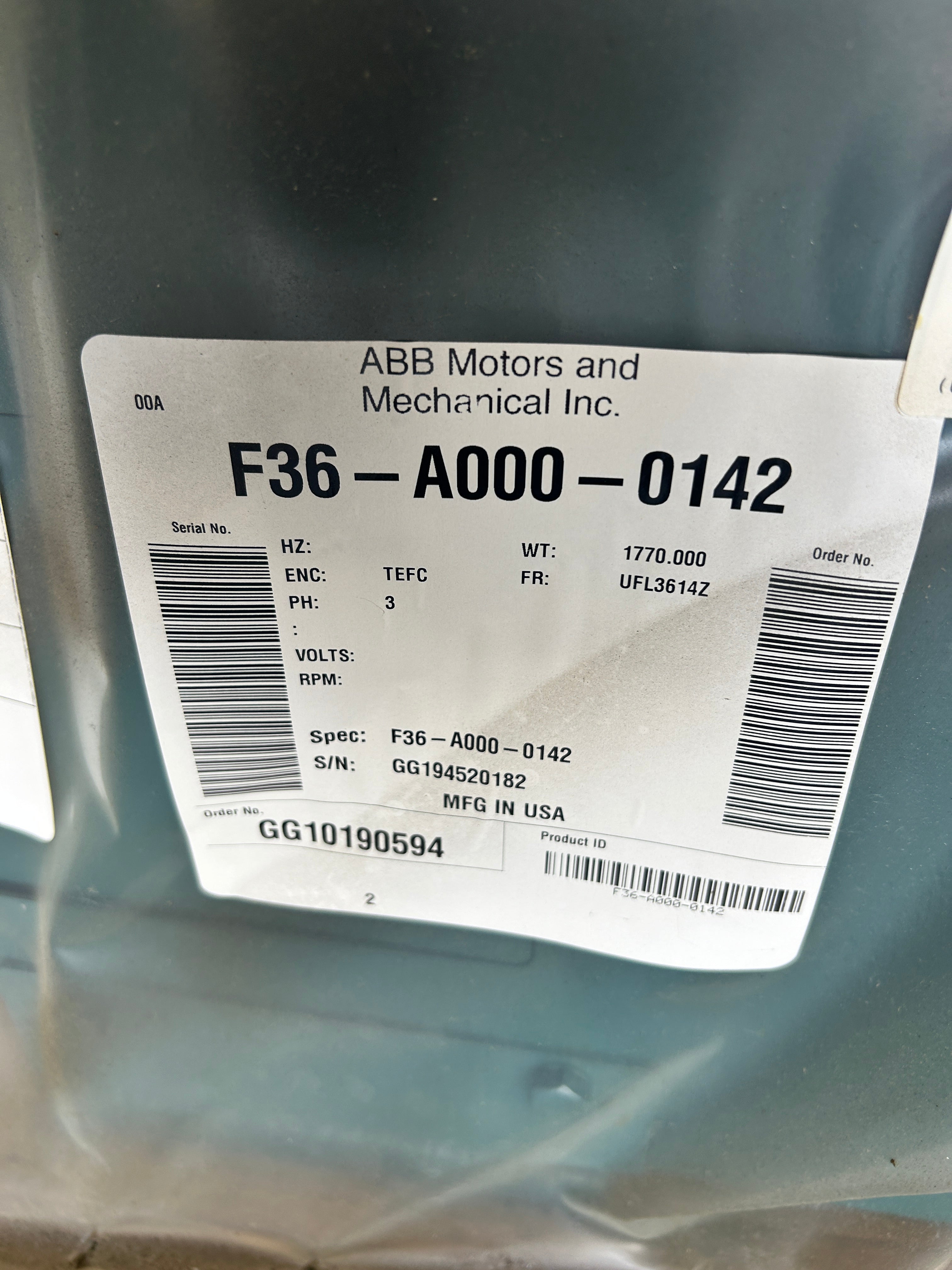 ABB Baldor Reliance 100HP Inverter Duty AC Motor F36-A000-0142 TEFC 460V 3PH RPM