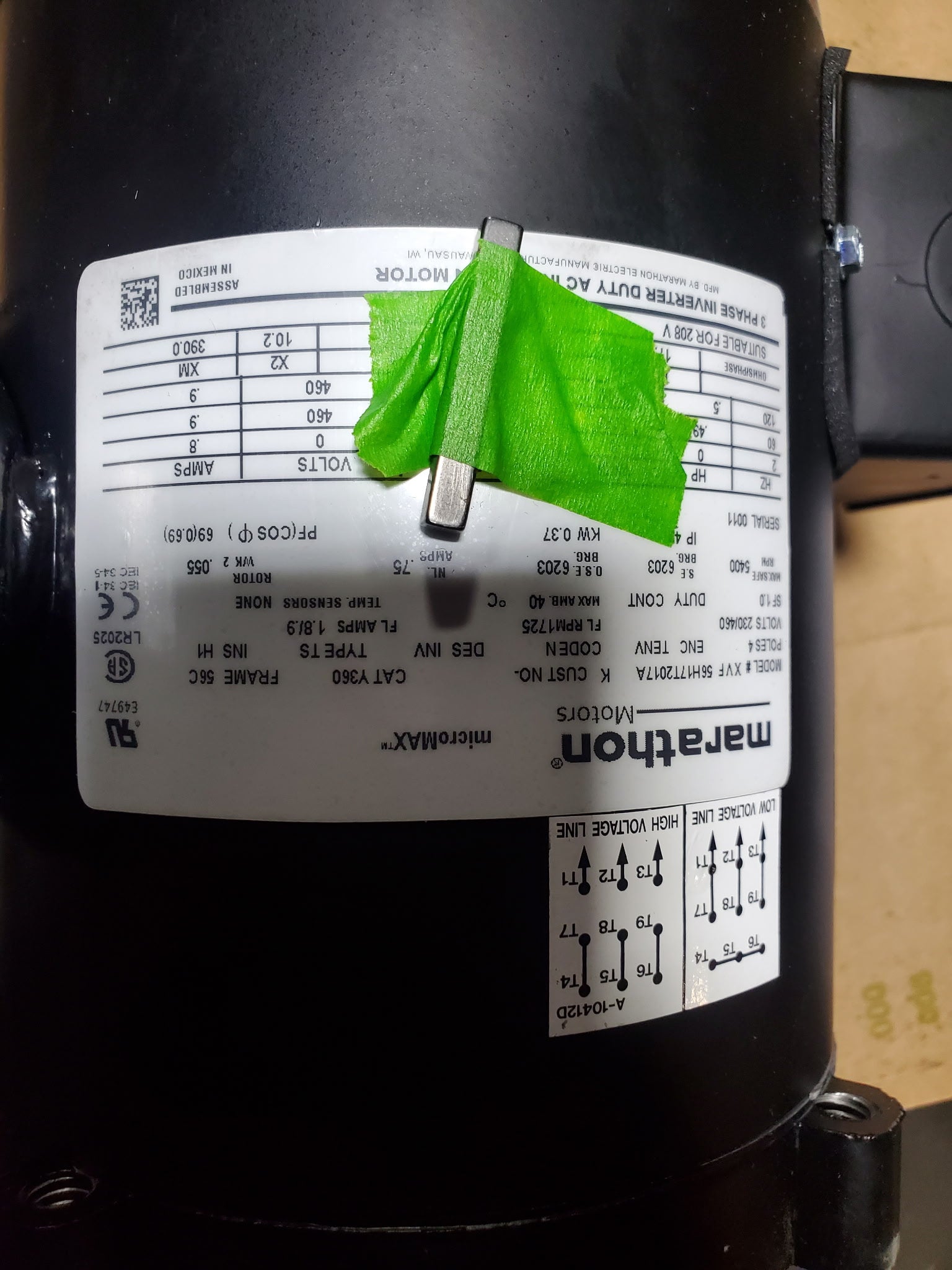 Marathon 56H17T2017A MicroMax Electric Motor 1725 RPM 0.5 HP 3 PH 56C Frame