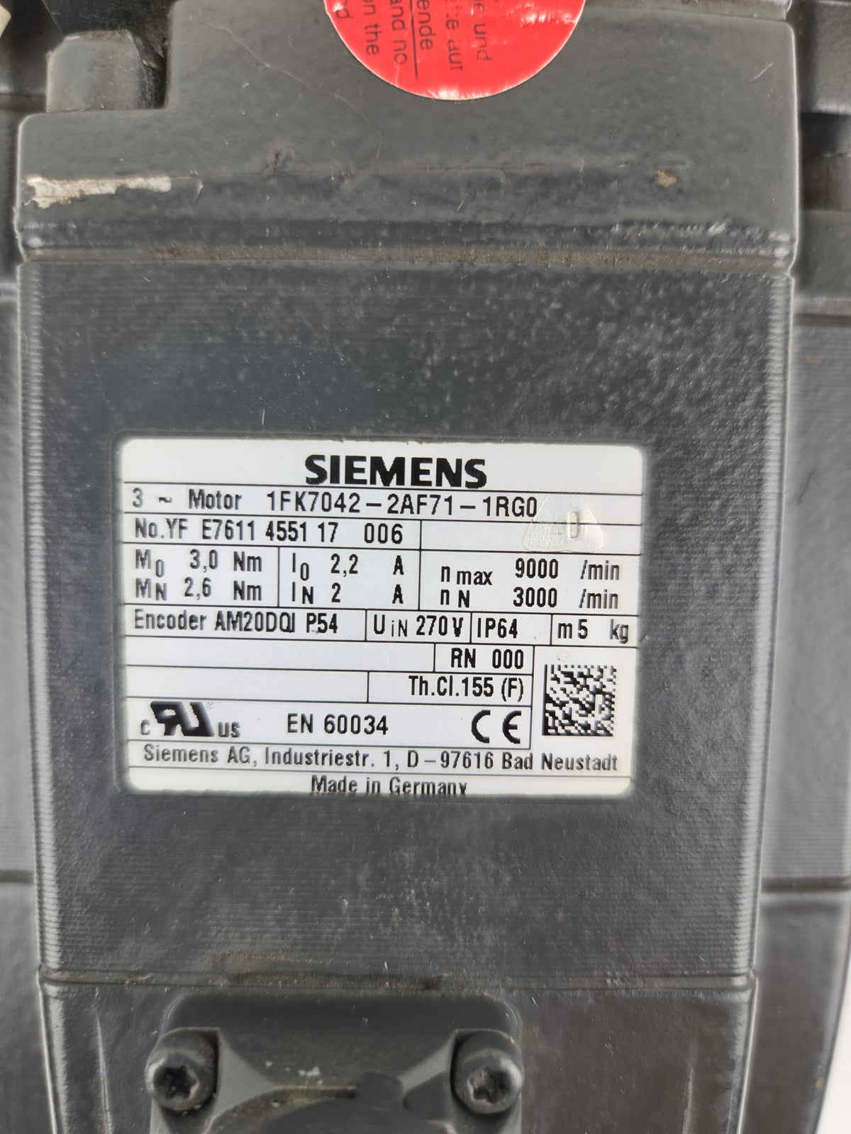 Siemens 1FK7042-2AF71-1RG0 SIMOTICS 3PH Servo Motor 270V 3000/9000 RPM