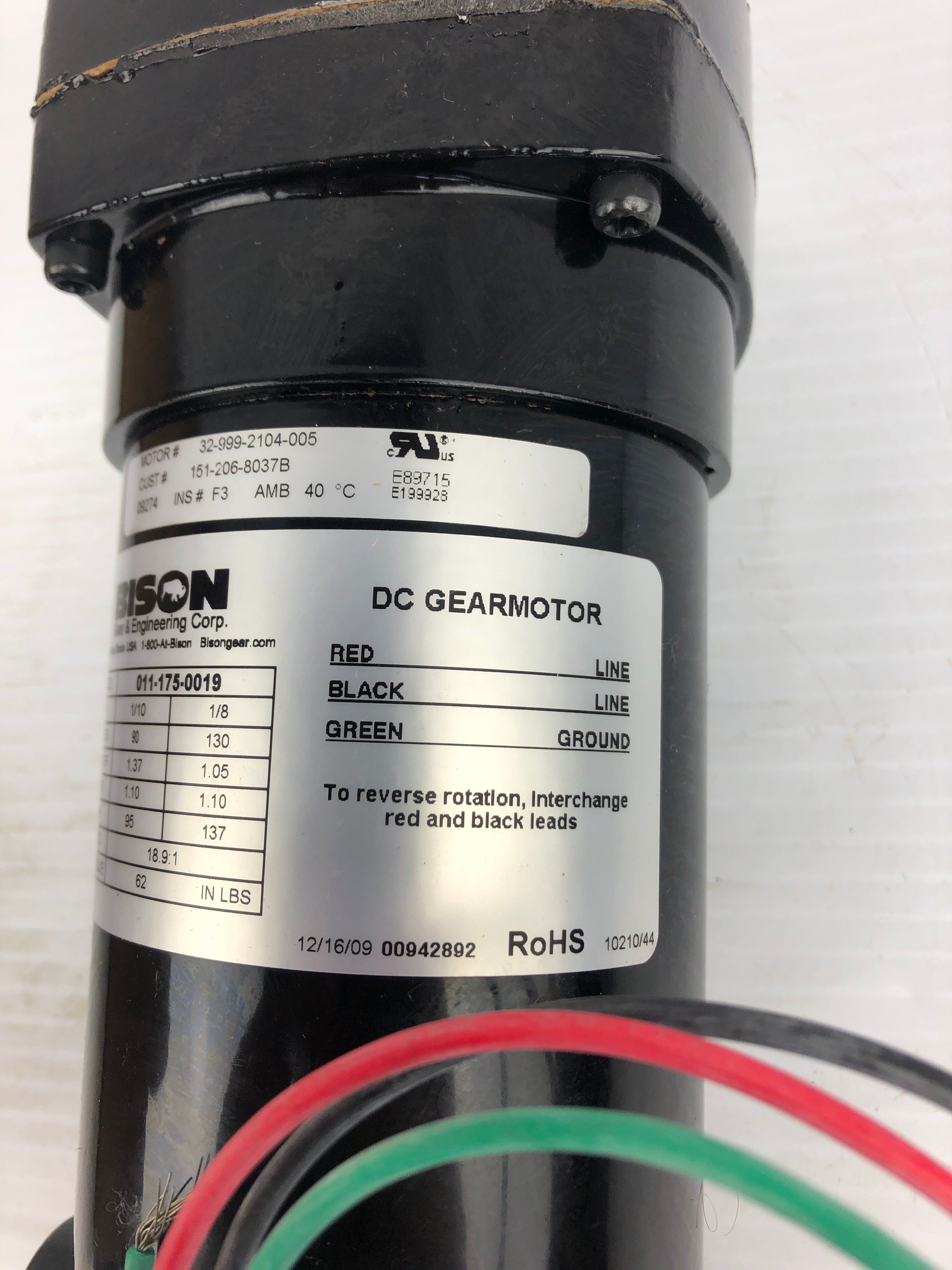 Bison 011-175-0019 Gear Motor 18.9:1 Ratio 1/10HP 1/8HP 95/137 RPM 90/130V 1.10A