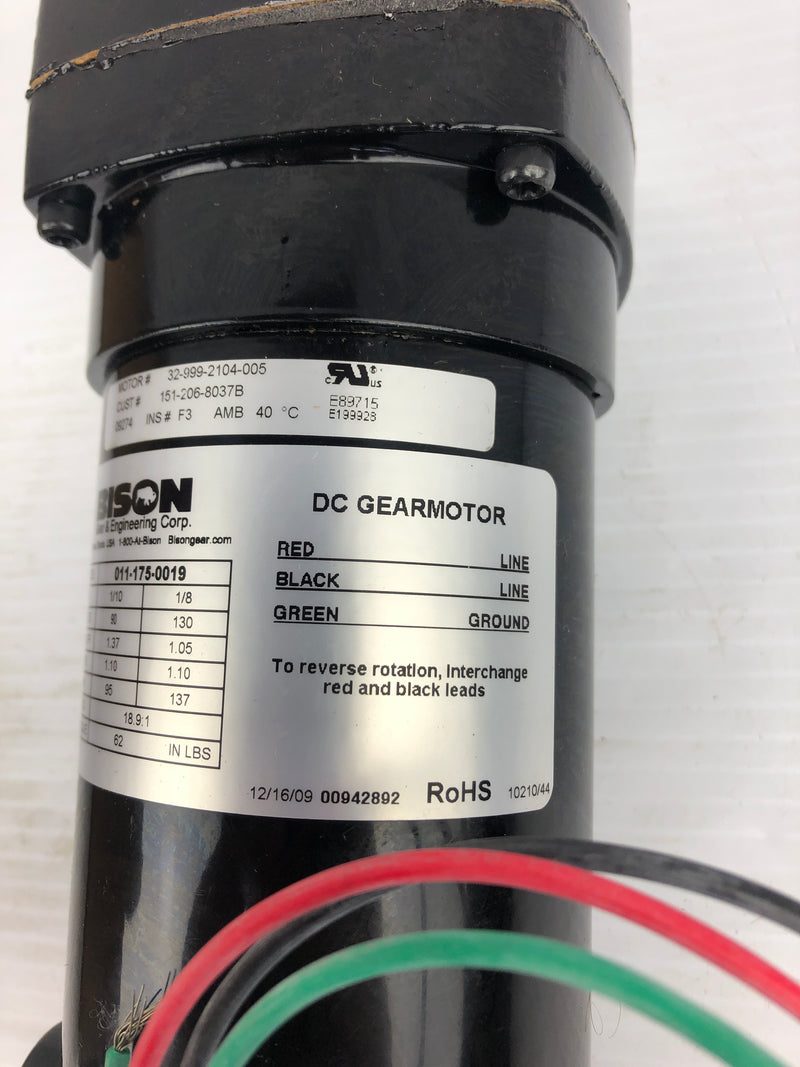 Bison 011-175-0019 Gear Motor 1/10-1/8 HP 90-130V 1.10A 18.9:1 Ratio