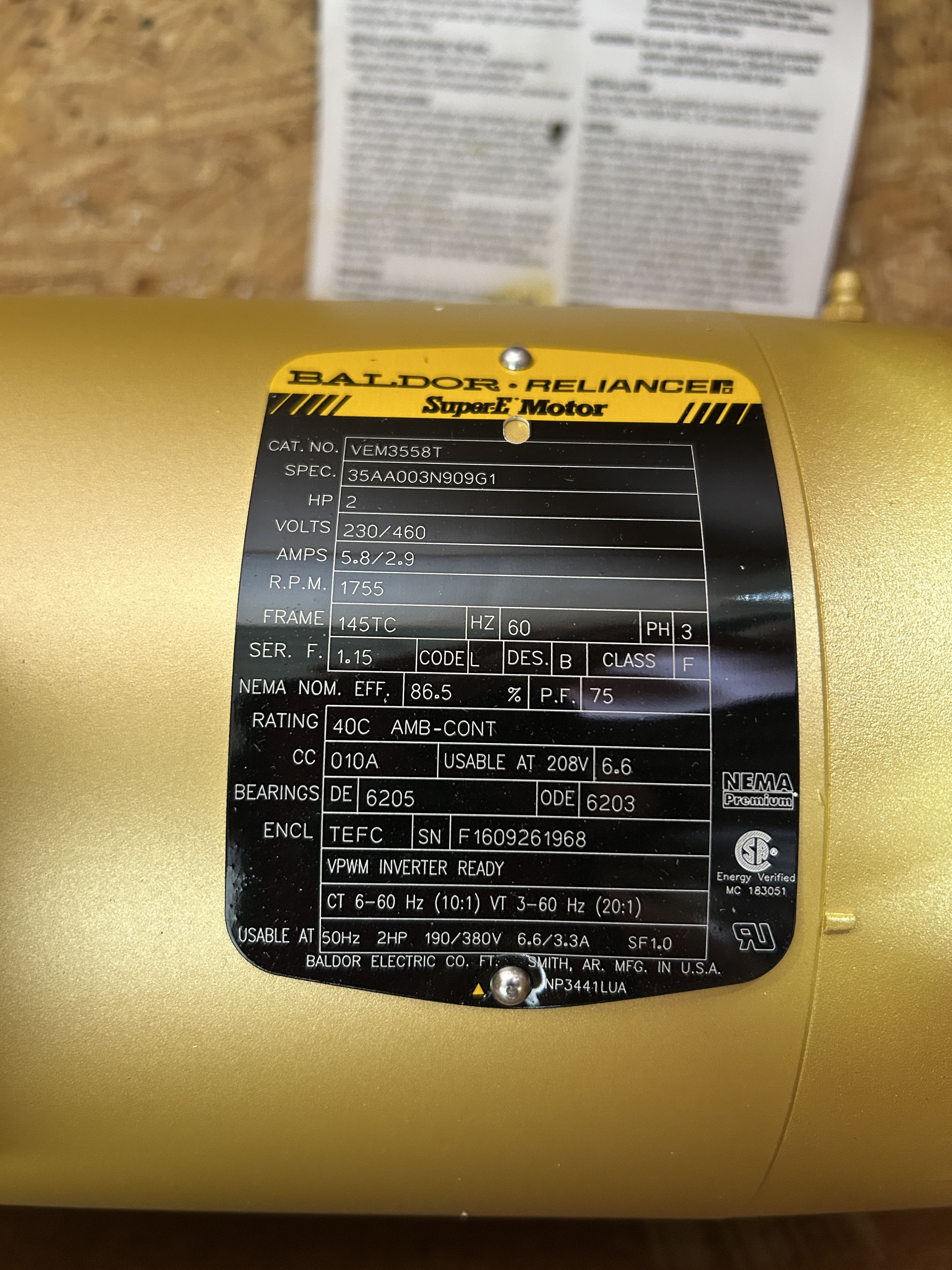 Baldor VEM3558T Super E Electric Motor 2HP 1755 RPM 230/460V 145TC 3PH