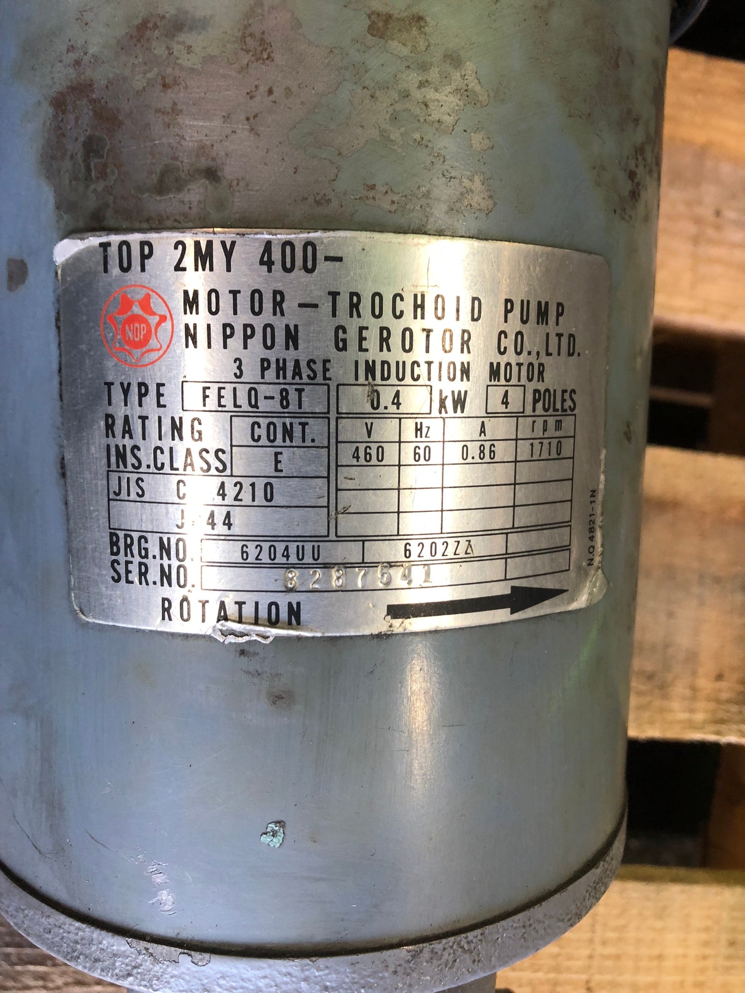 Nippon Gerotor FELQ-8T 3 Phase Induction Motor 4 Poles, 460V, 60 Hz, 1710 RPM