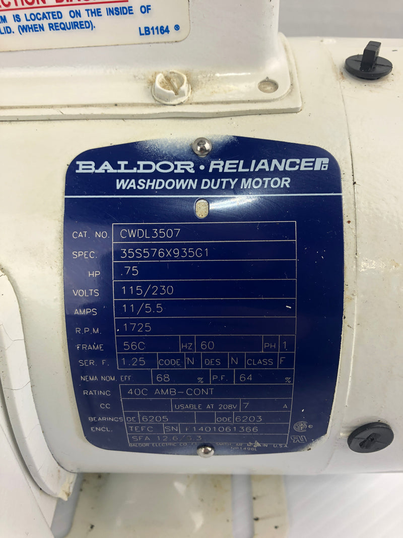 Baldor Reliance CWDL3507 Washdown Duty Motor 0.75HP 1725 RPM 1PH