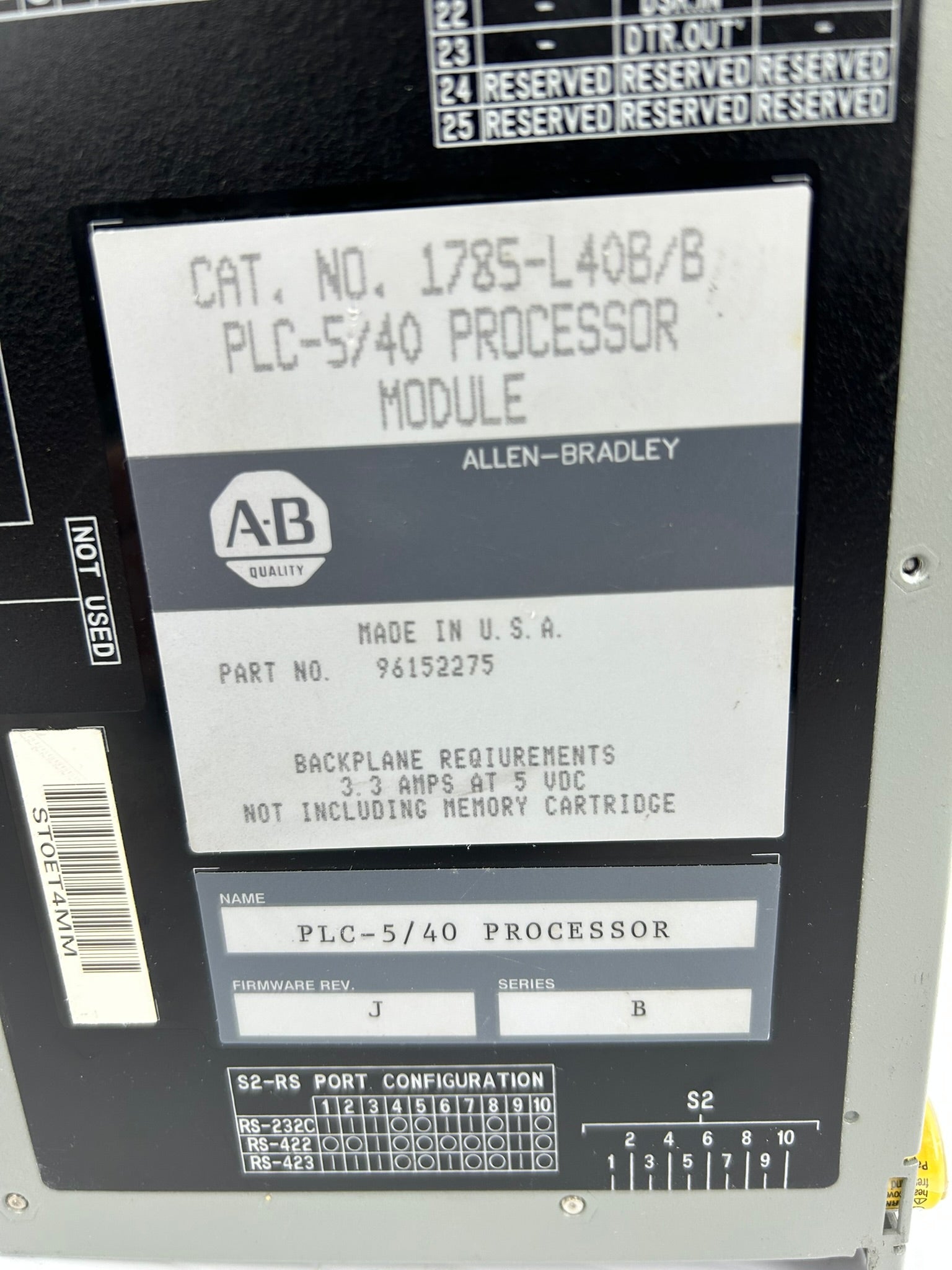 Allen-Bradley 1785-L40B Processor Module Series B PLC-5/40 Rev J with Keys