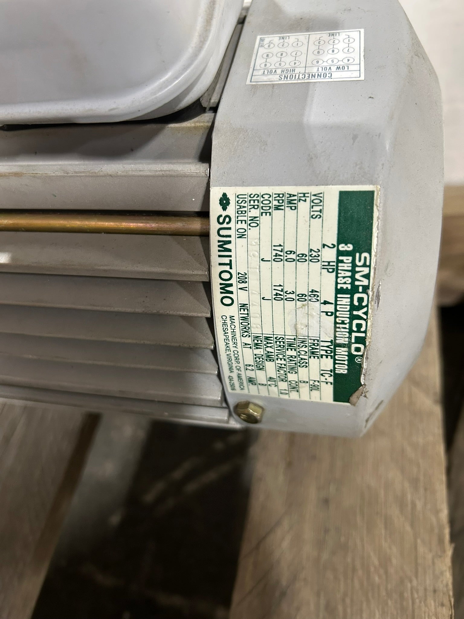 Sumitomo SM-Cyclo 3 Phase Induction Motor 2HP 4P Type TC-F 230/460V 60Hz 1740RPM