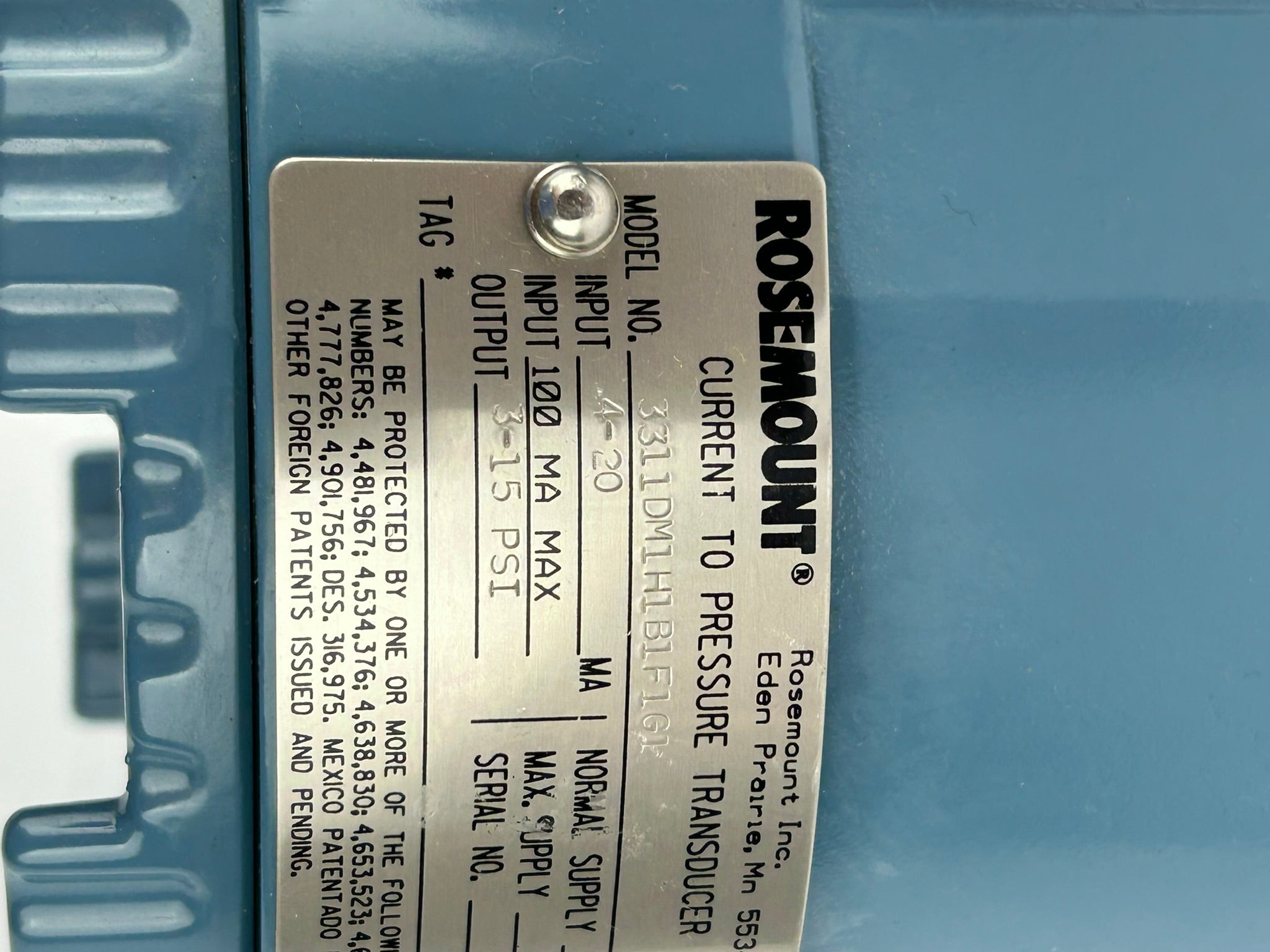 Rosemount 3311DM1H1B1F1G1 Pressure Transducer with Pressure Gauge 0-30 PSI