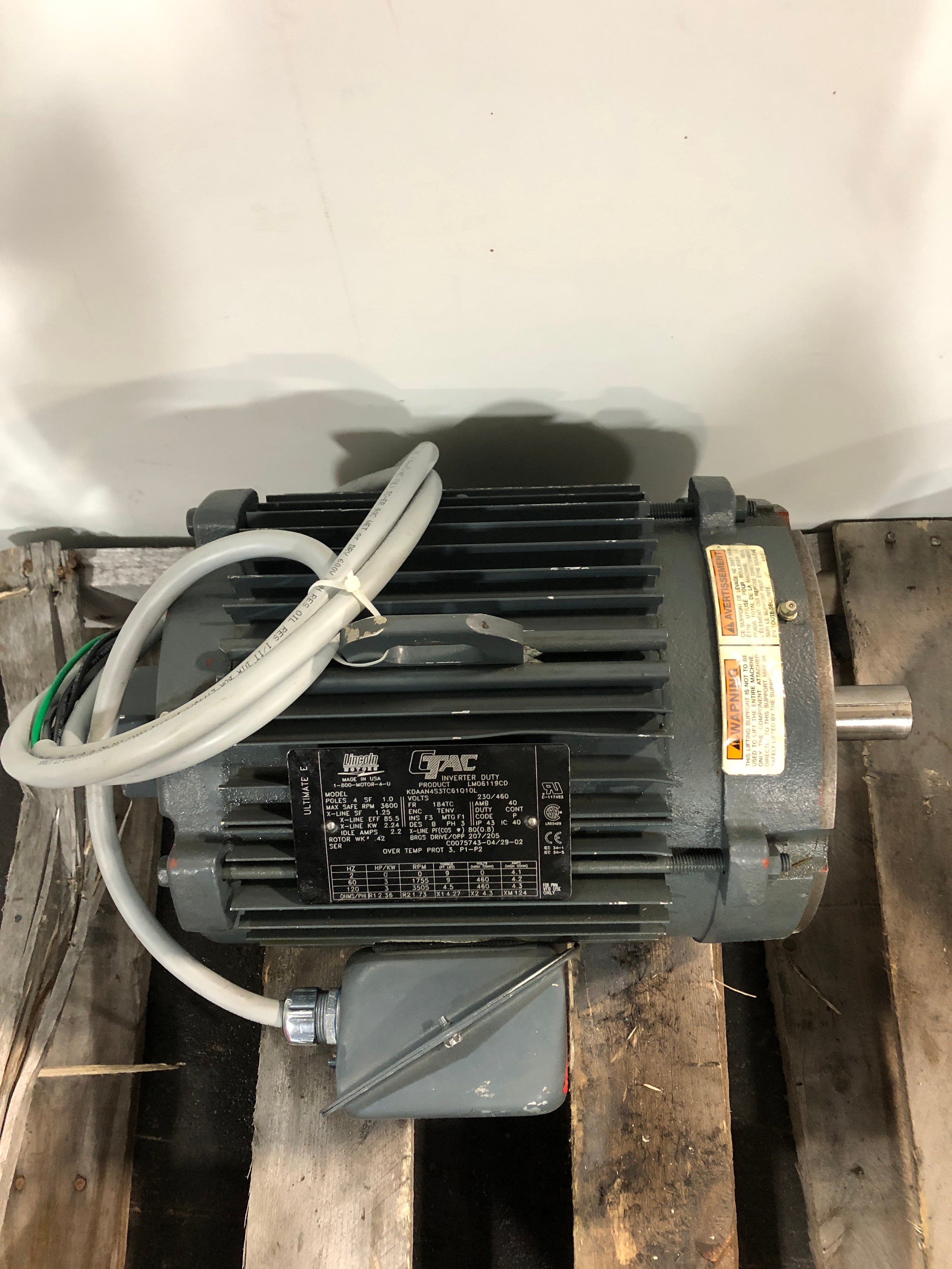 Lincoln Motors KDAAN4S3TC61Q10L Motor 3HP 3600RPM 3PH 230/460V 4.1/4.3A 184TC