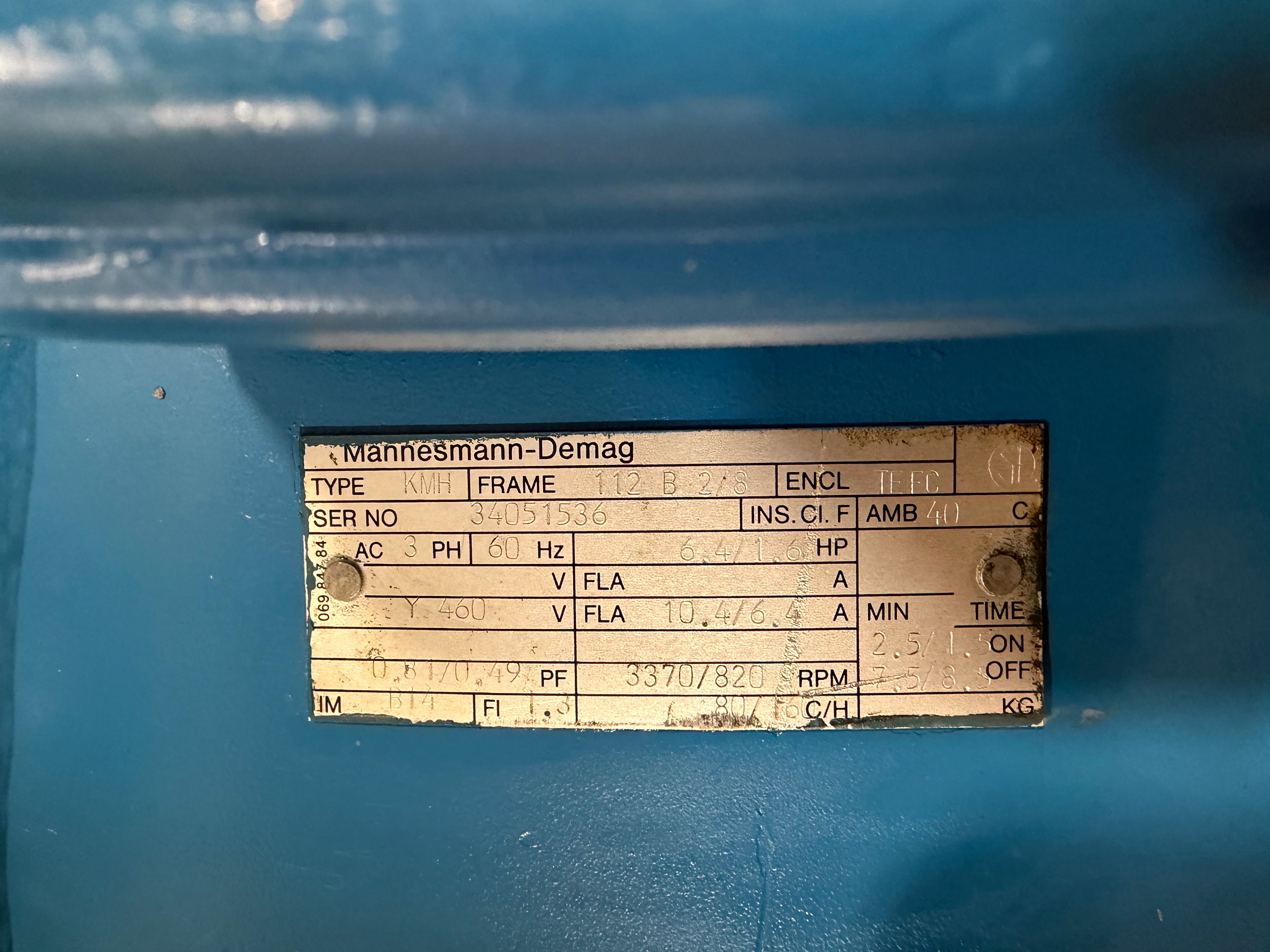 Demag KMH Hoist Motor 1.6HP 400V 3PH 3370/820RPM TEFC Brake Motor