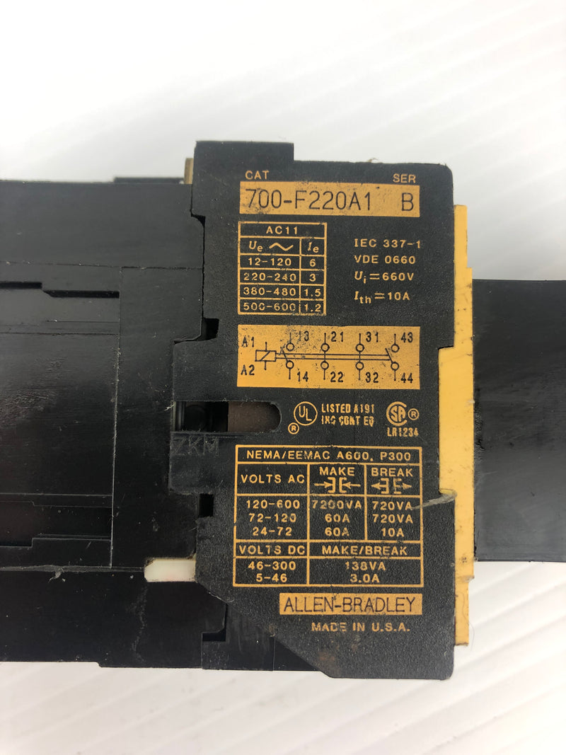 Allen-Bradley 700-F220A1 Relay Ser. B 660V 10A With 196-FTA Pneumatic Timer