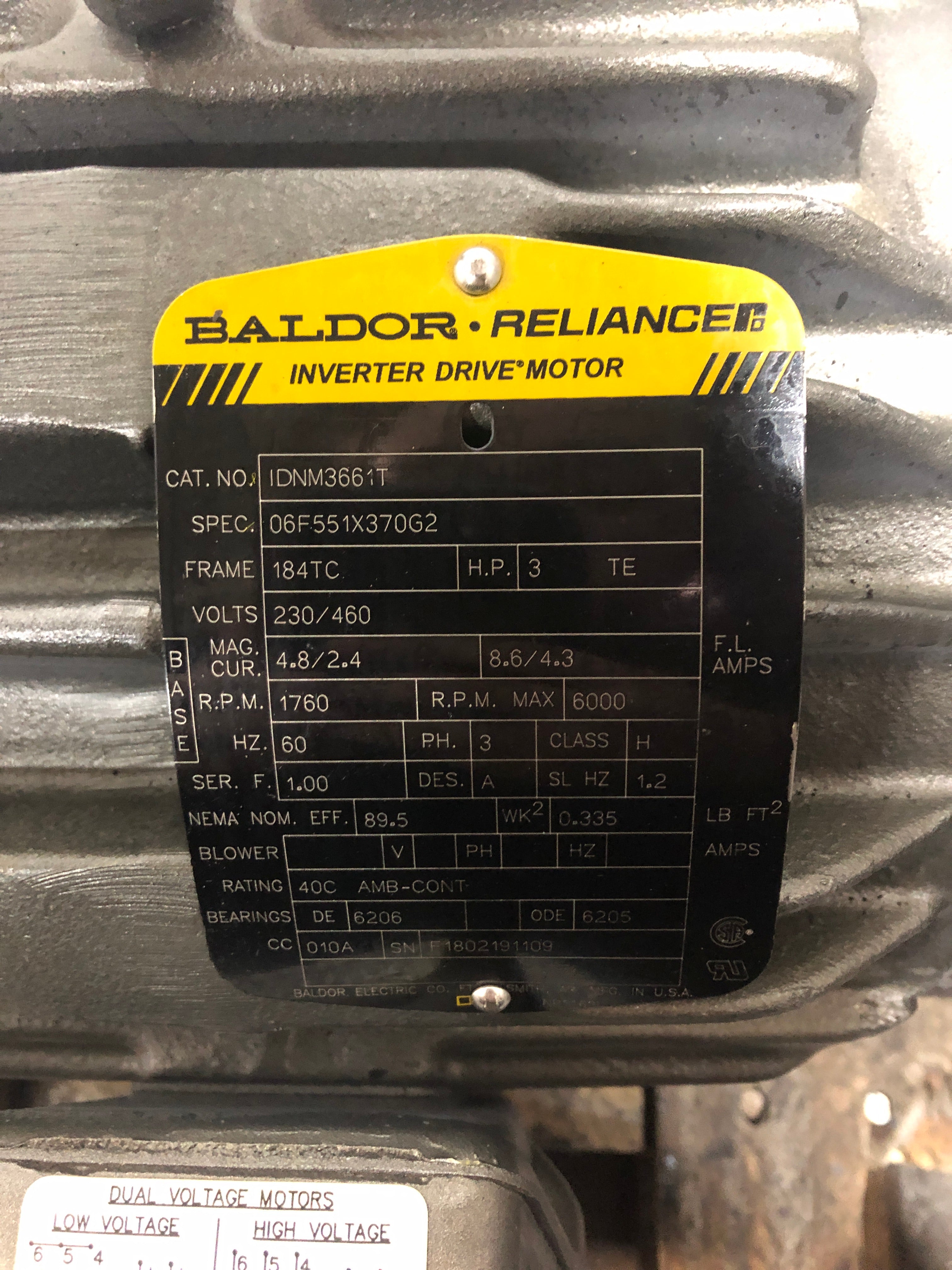 Baldor Reliance IDNM3661T Inverted Drive Motor 3 HP 1760 RPM 184TC
