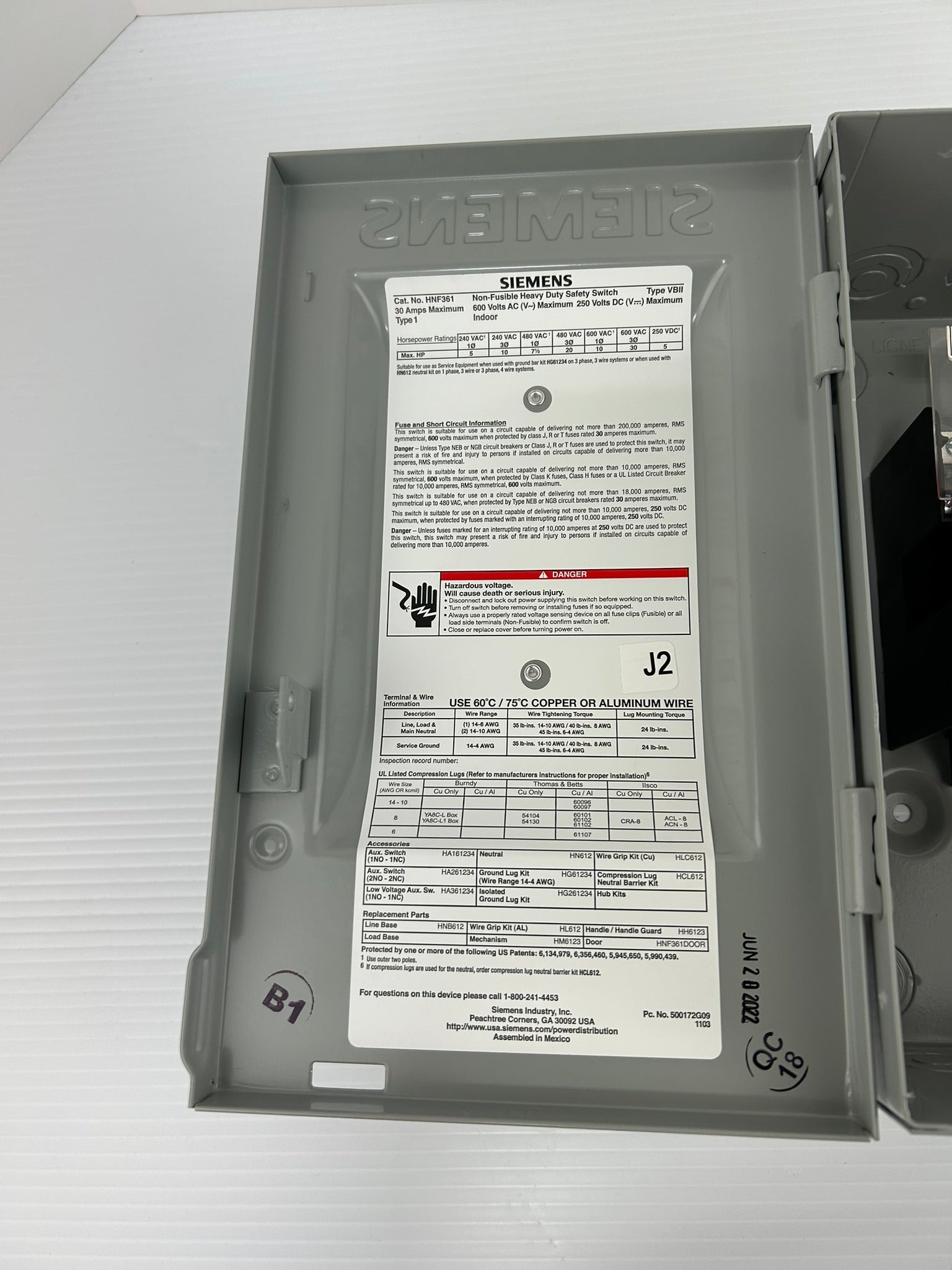 Siemens HNF361 Non-Fusible Heavy Duty Safety Switch 30A 600VAC 250VDC Indoor