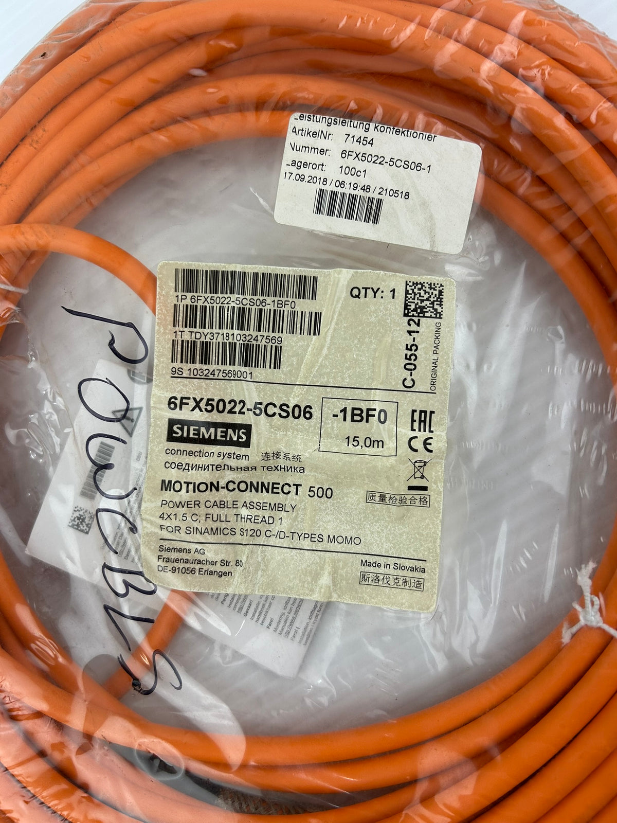 Siemens 6FX5022-5CS06-1BF0 15M Motion-Connect 500 Power Cable SINAMICS S120