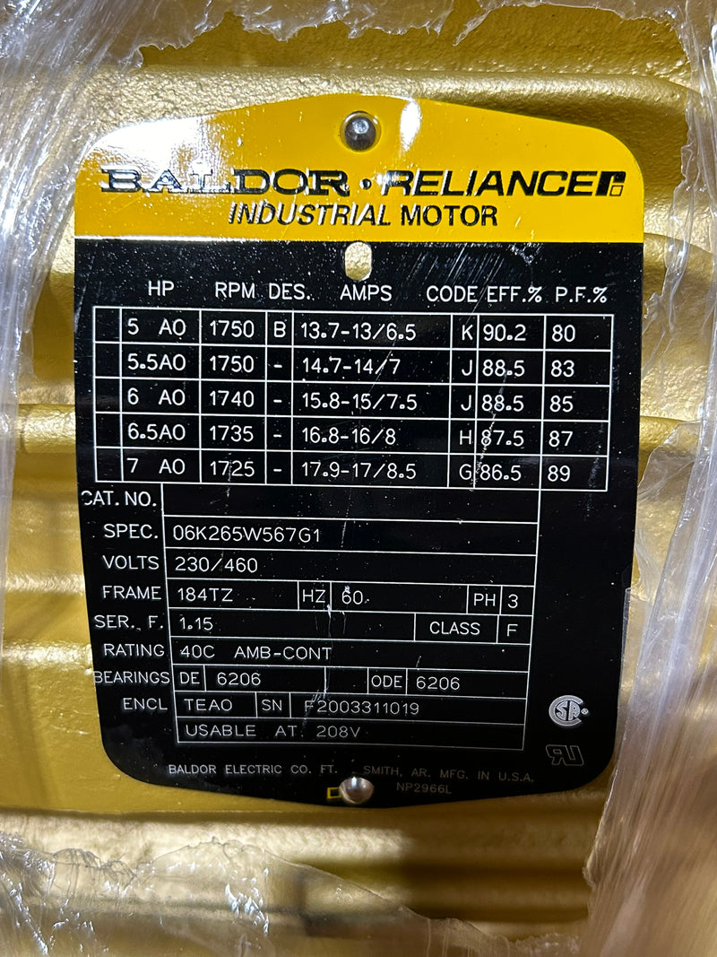 Baldor Reliance 06K265W567G1 Industrial Motor 5-7HP 1750/1725RPM 3PH 230/460V