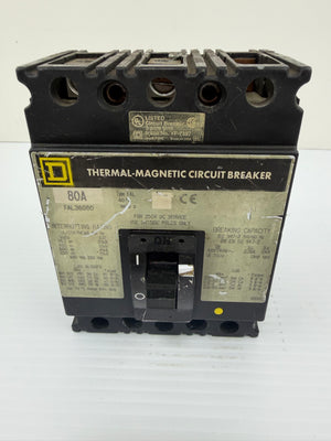 Square D Circuit Breaker FAL36080 80 Amp 600 VAC 250 VDC 240/480 V