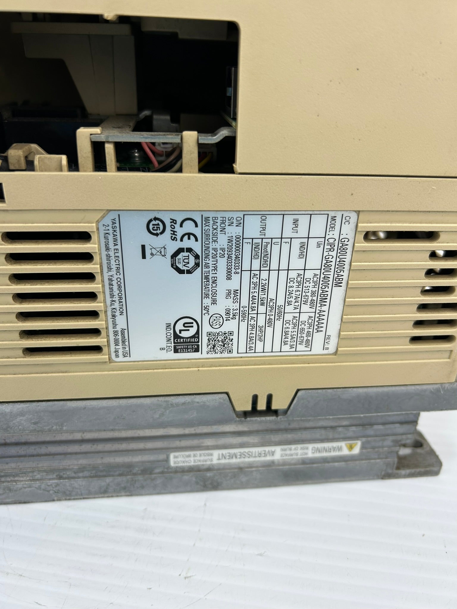 Yaskawa GA80U4005ABM AC Drive GA800 CIPR-GA80U4005ABMA-AAAAAA Rev B 3PH 380-480V