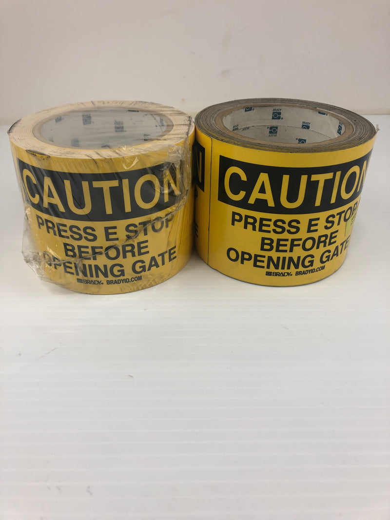 Brady Caution Stickers "Press E Stop Before Opening Gate" Yellow 3-1/2" x 5"