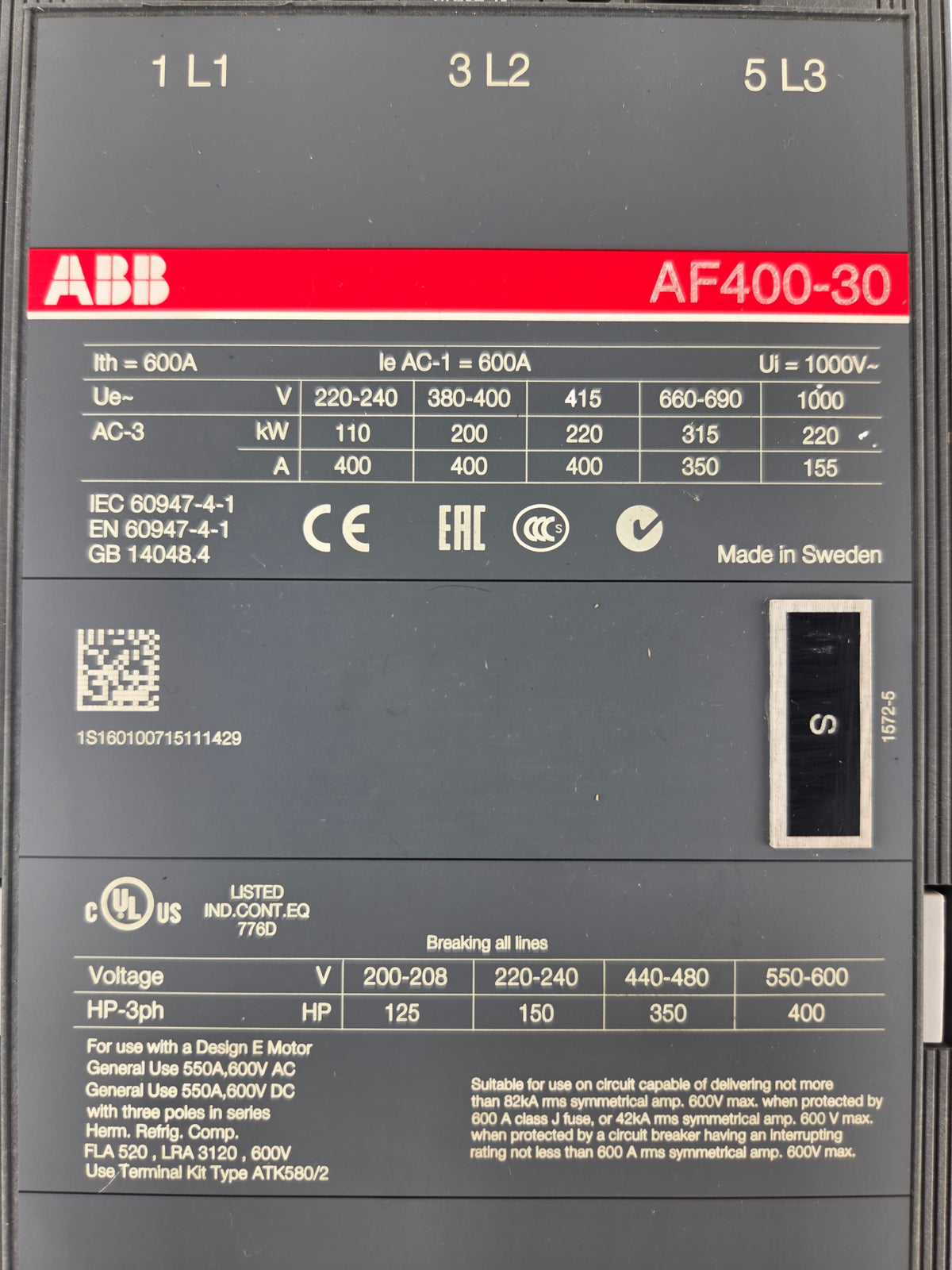 ABB AF400-30 IEC Contactor 400A AC-3 600A AC-1 3 Pole 100-250V AC/DC Coil